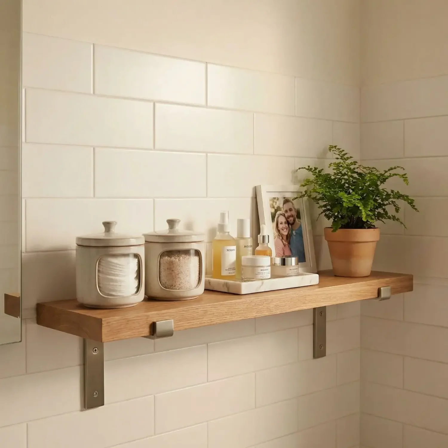 Bathroom shelf with skincare tray and framed photo