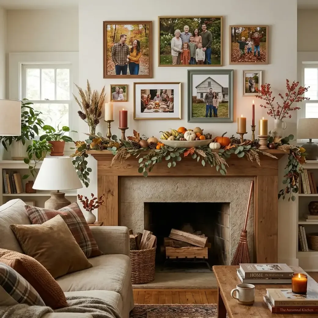 Cozy fall living room with photo wall and decorated mantel