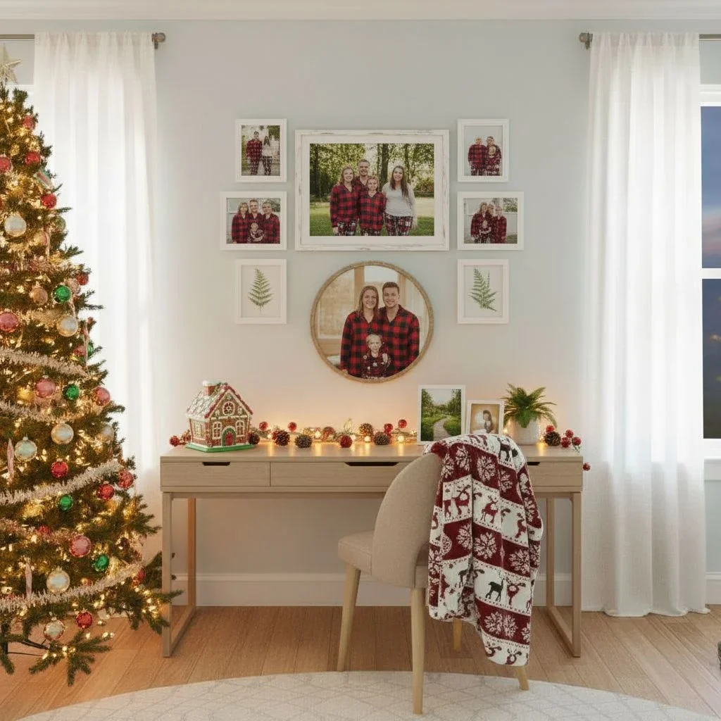Holiday living room with festive photo gallery