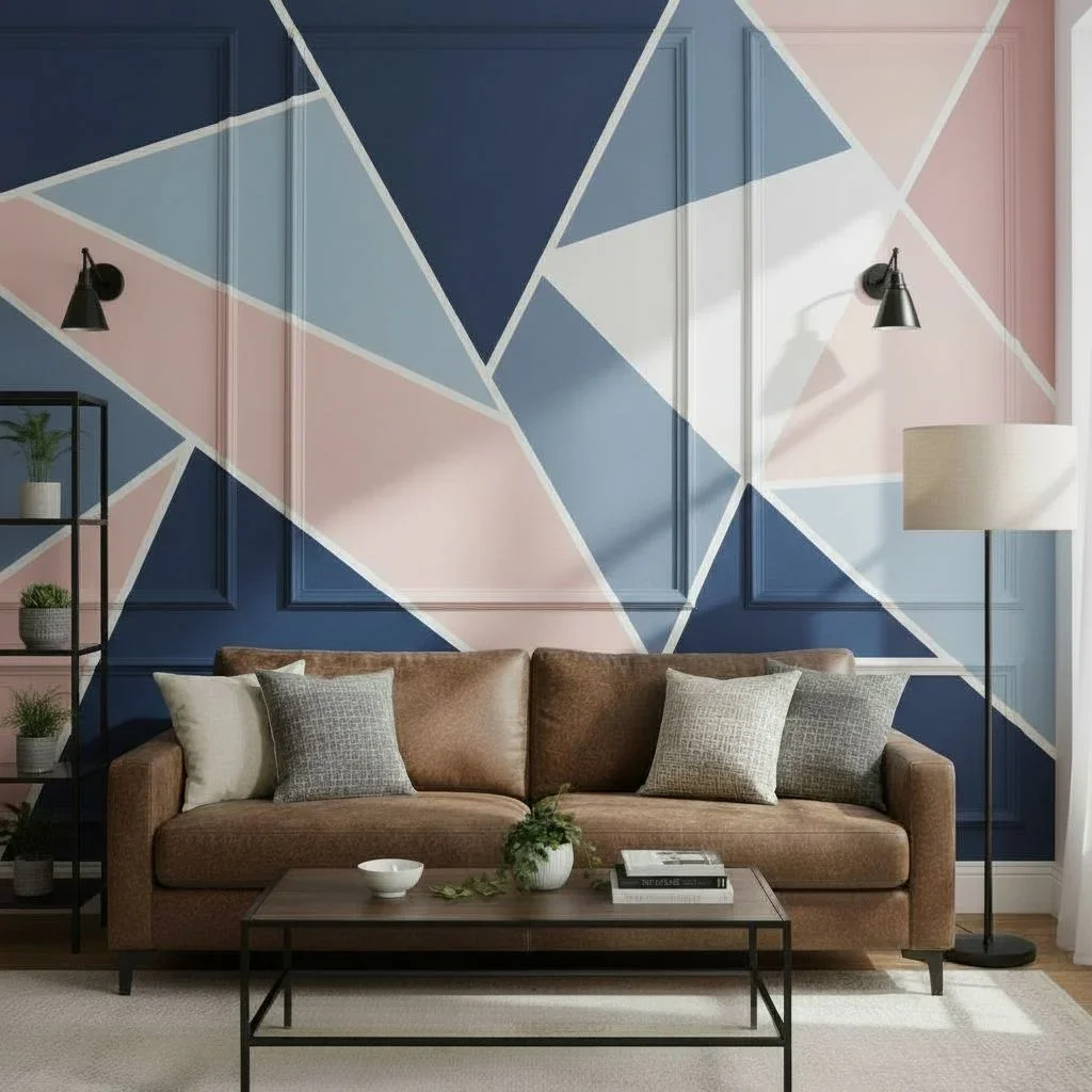 Geometric painted mural in blues and blush tones