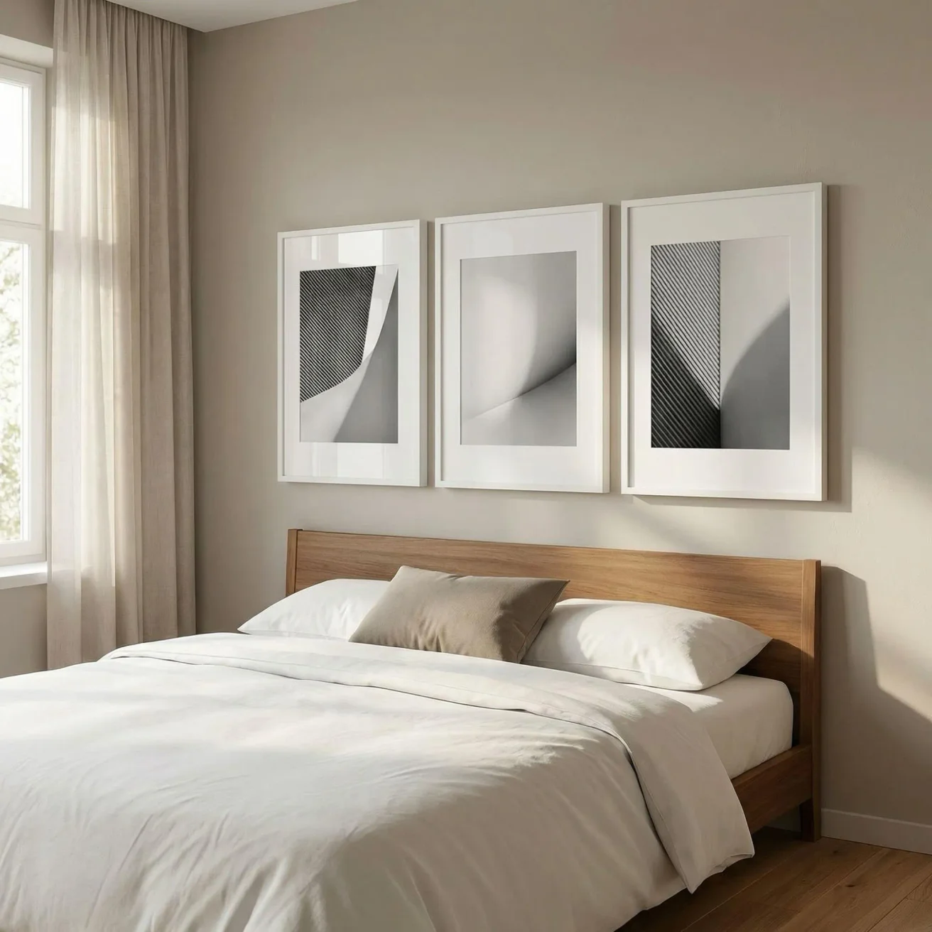 Black and white 3 piece wall art in bedroom