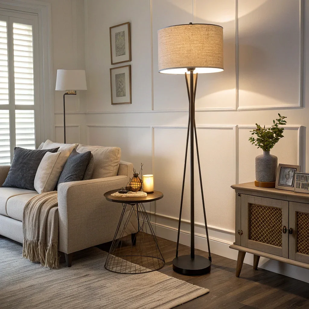Minimalist room featuring a dimmable ceiling light, a fabric-shade floor lamp, and a small table lamp creating a warm, layered glow.
