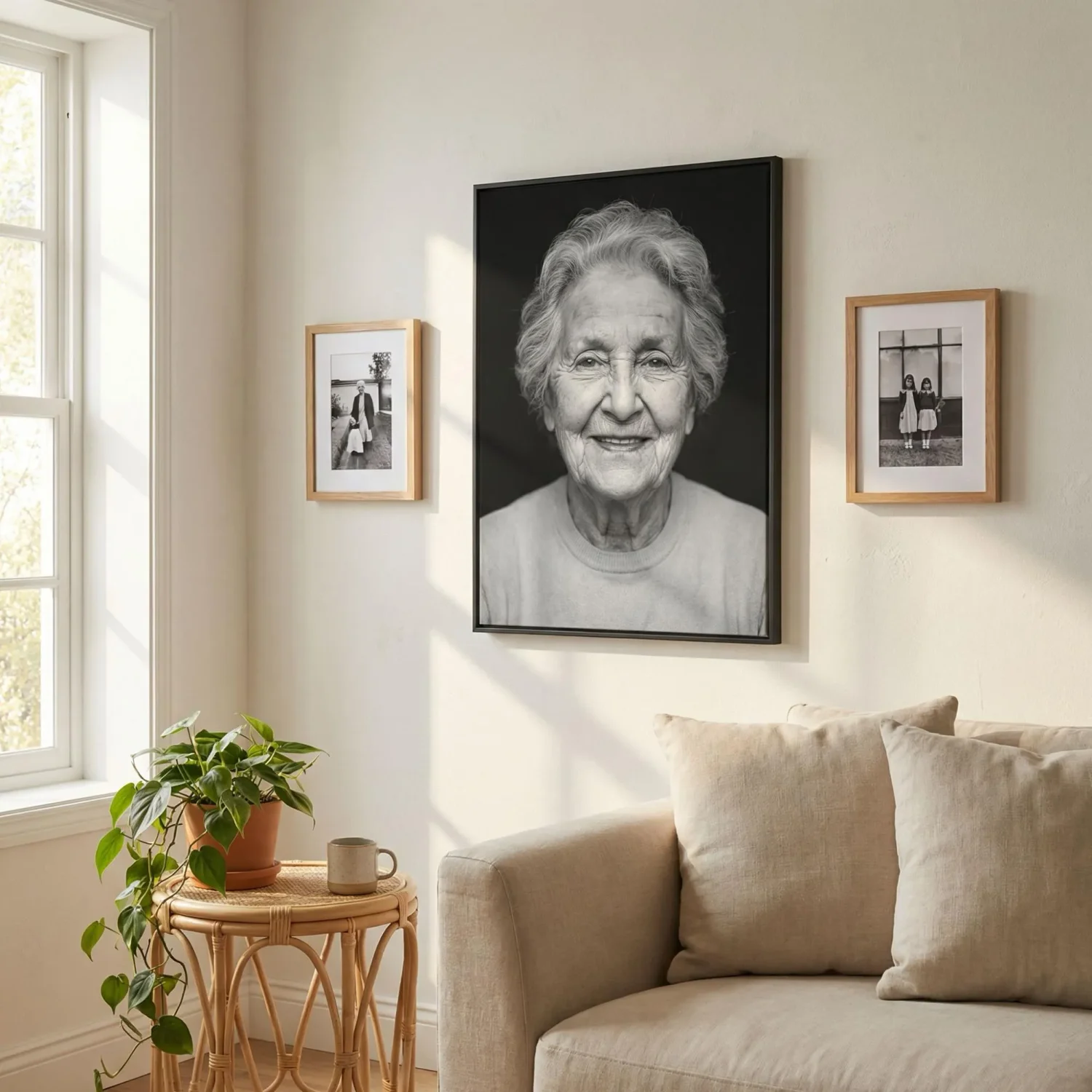 Matte canvas print in bright daylit living room