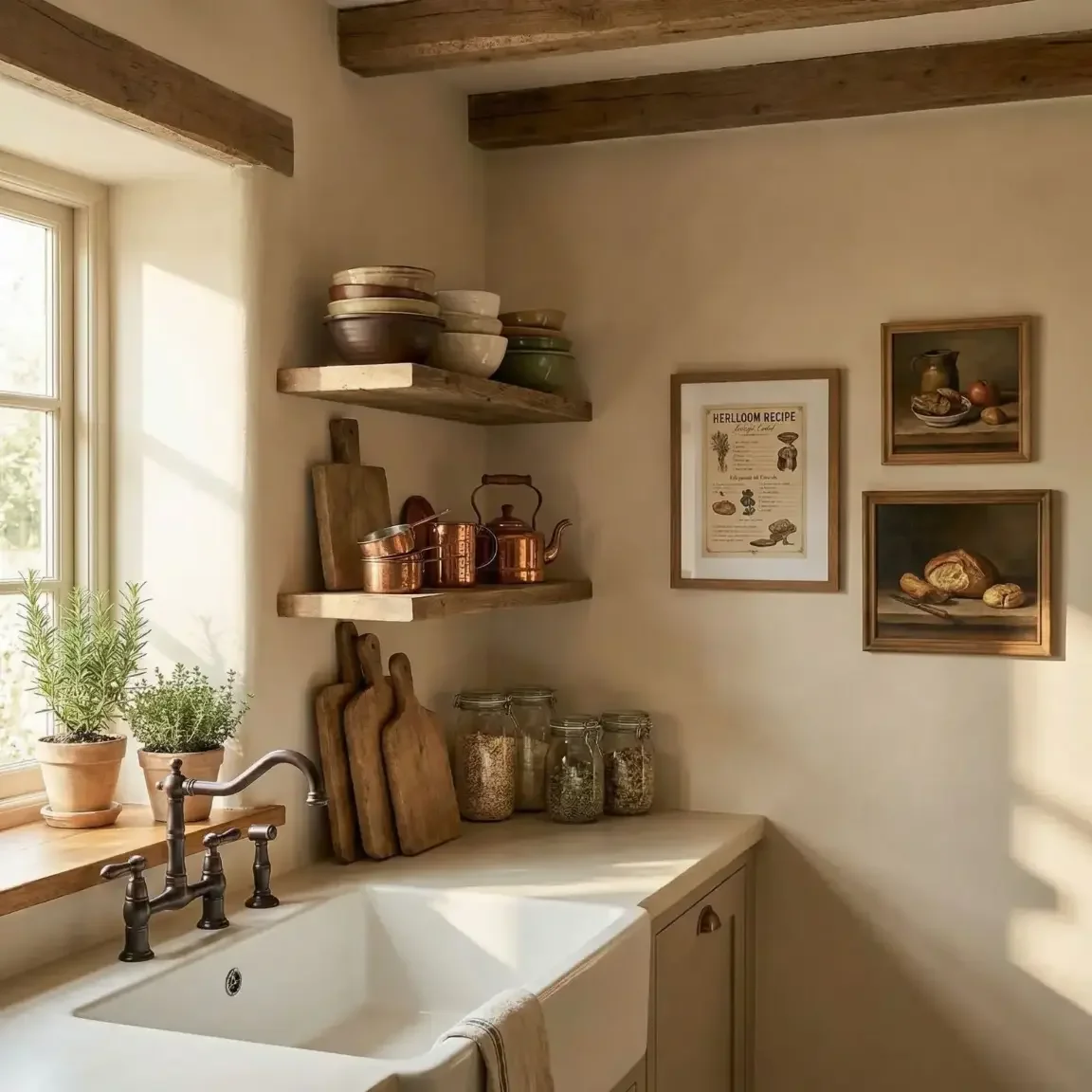 Farmhouse kitchen open shelves with framed art