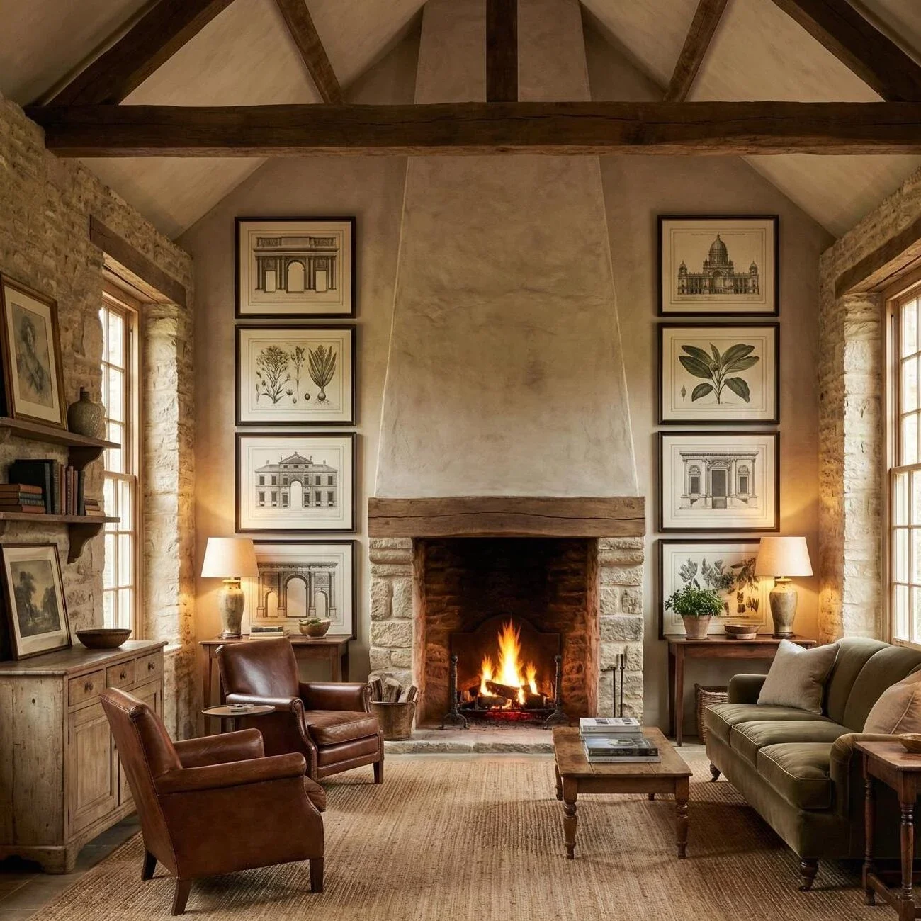 Cozy rustic living room with stone fireplace and classic framed art

