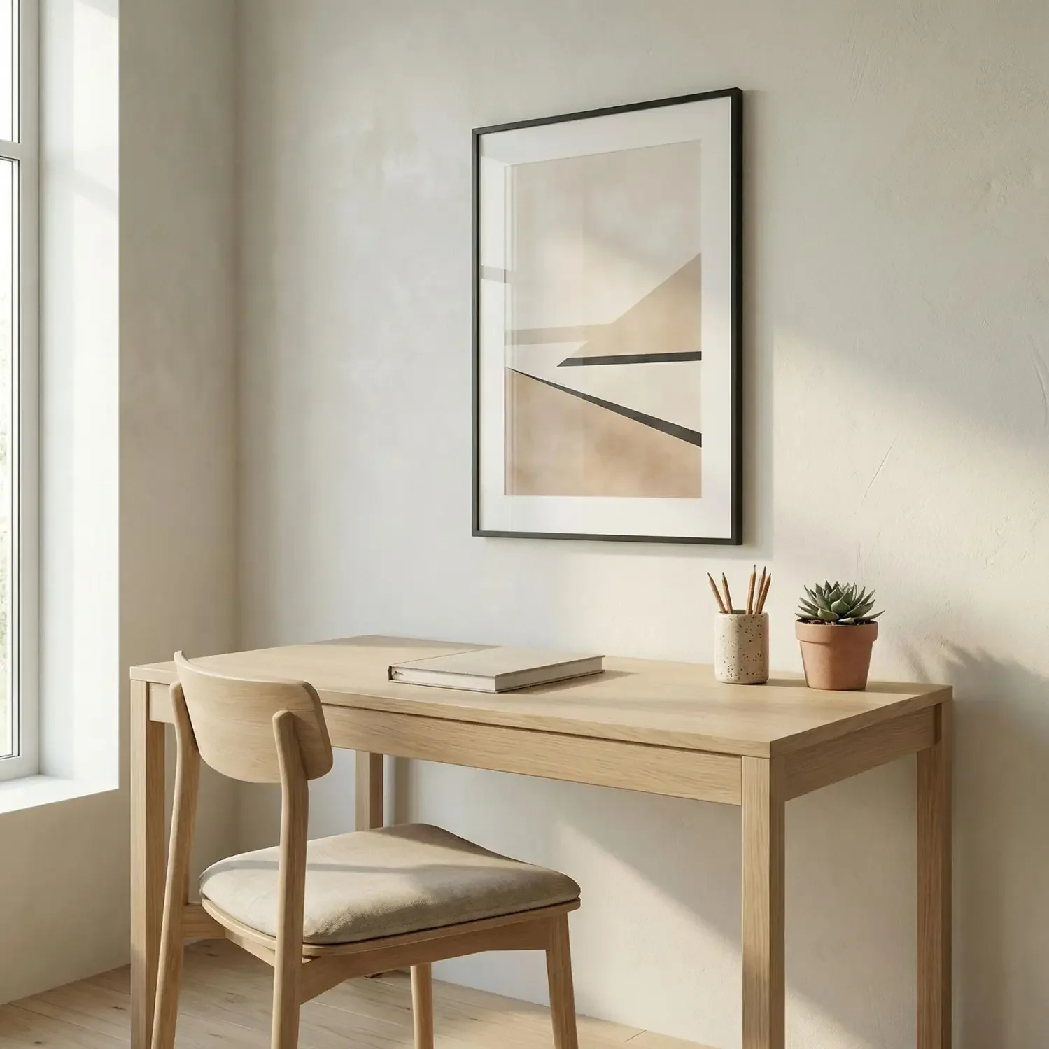 Japandi home office with minimalist framed picture on wall