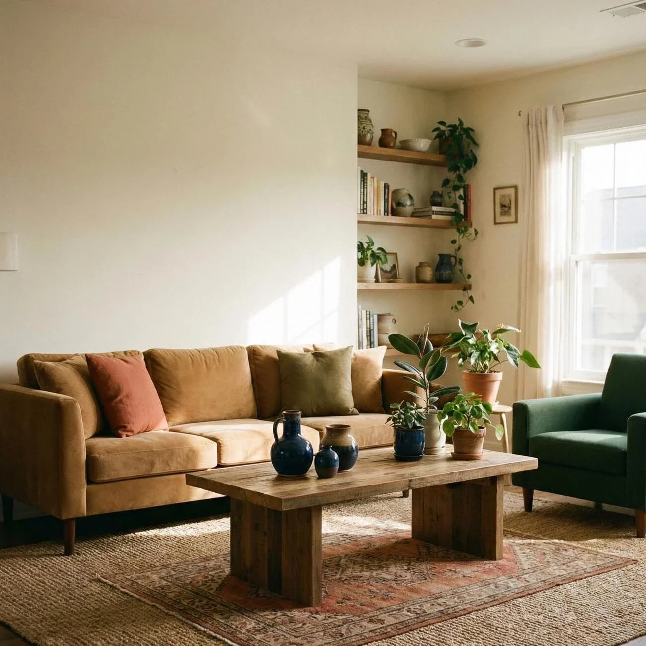 Cozy living room with tan sofa, plants, and rustic wood coffee table
