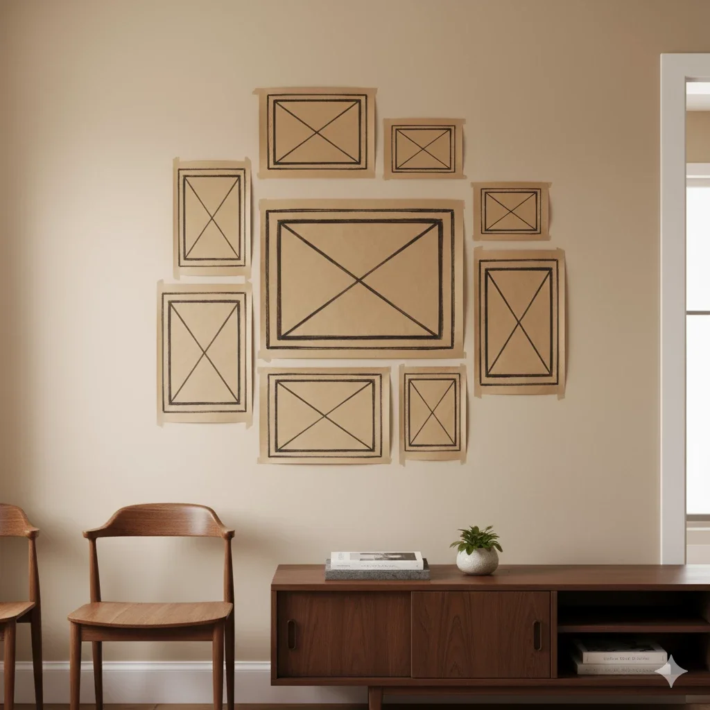 paper templates taped on wall for gallery layout