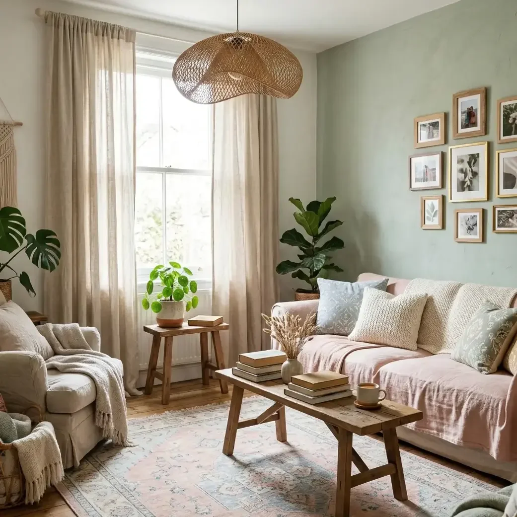 Soft pastel living room with photo wall and woven pendant light