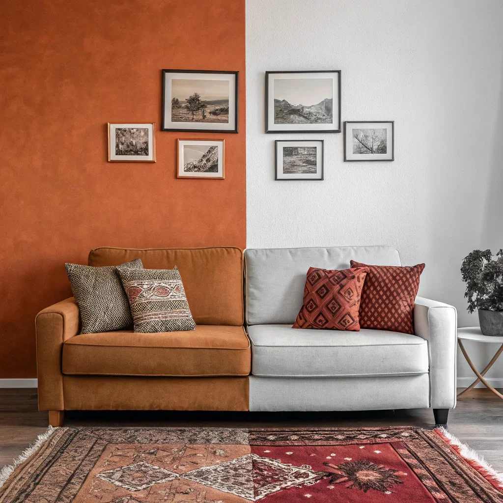 A colorful living room with a sofa and wall art above it, shown in two styles: one side echoing a bold color from the room, and the other side using neutral black-and-white art to balance the space.