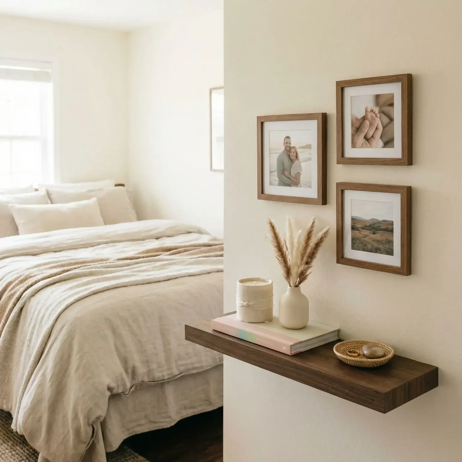 Bedroom shelf with soft textures and framed pictures