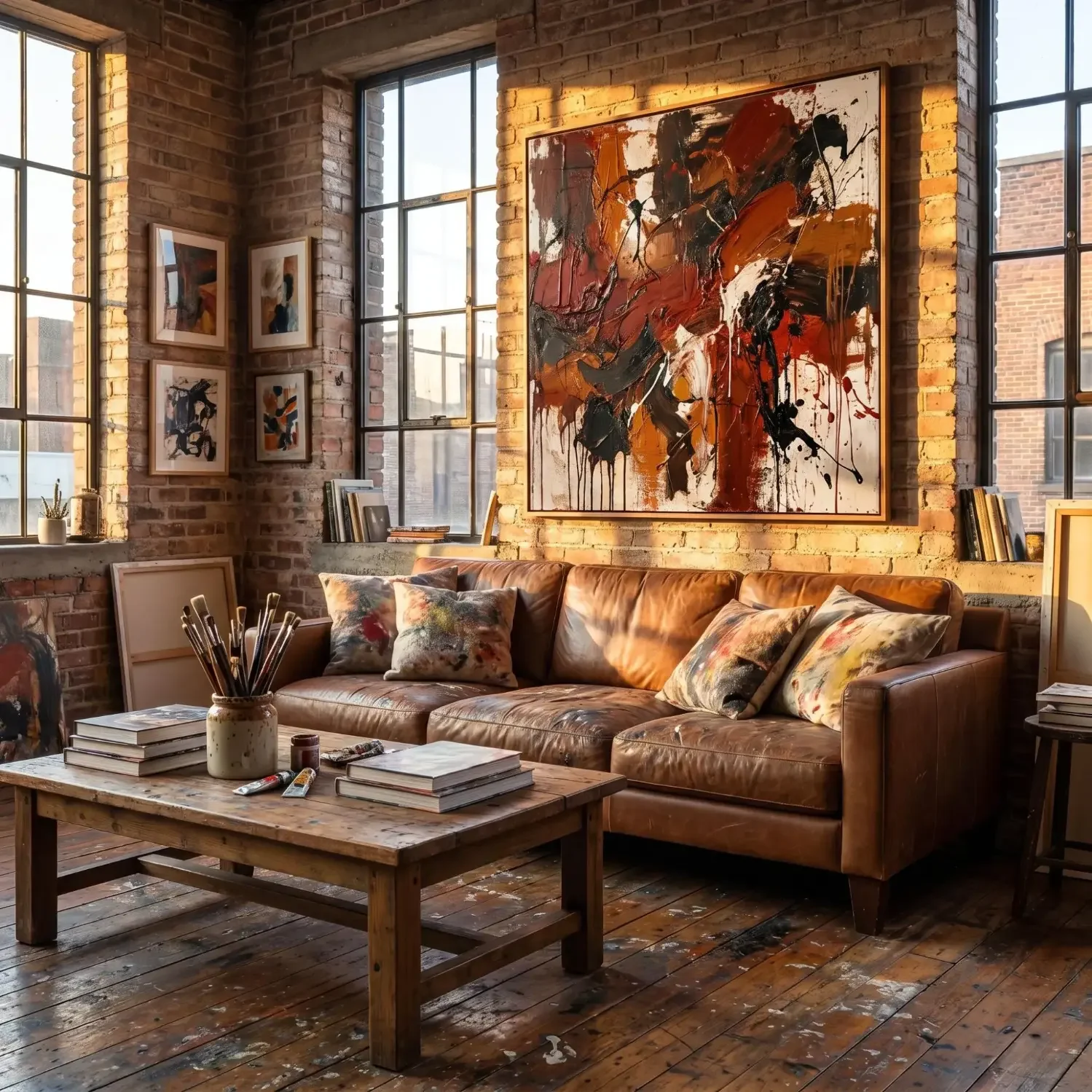 Action painting framed art in a vibrant loft interior