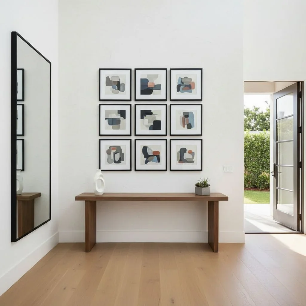 Modern entryway with grid wall art and console