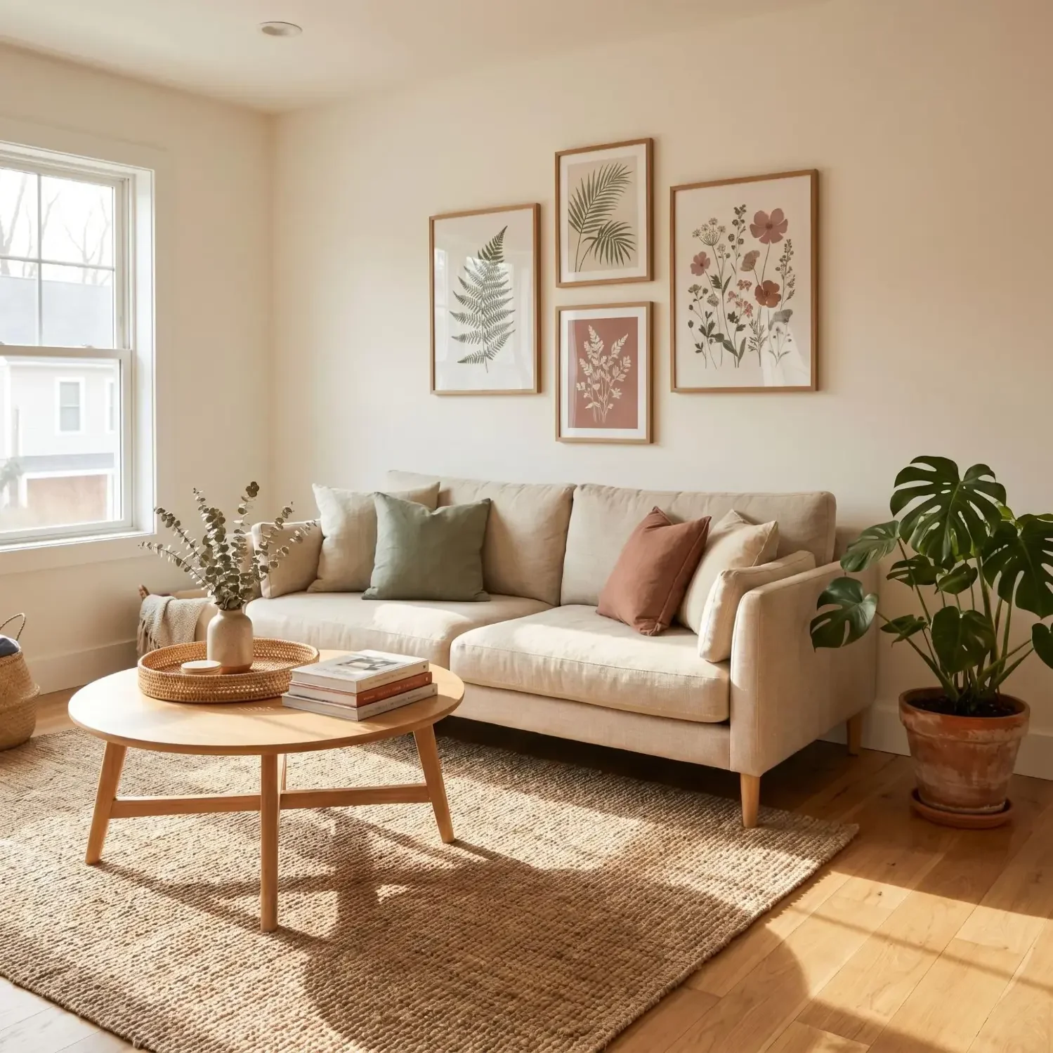 Botanical art prints set above living room sofa