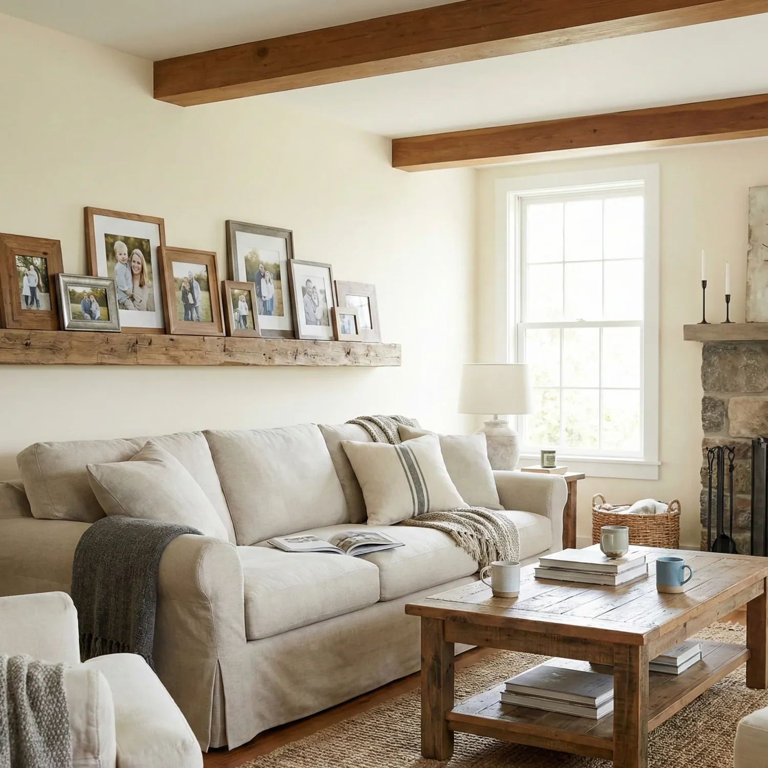 Cozy neutral living room with rustic beams and family photos