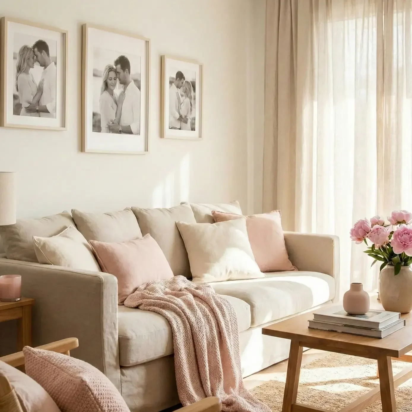 Sunlit beige sofa with blush pillows and framed couple photos.