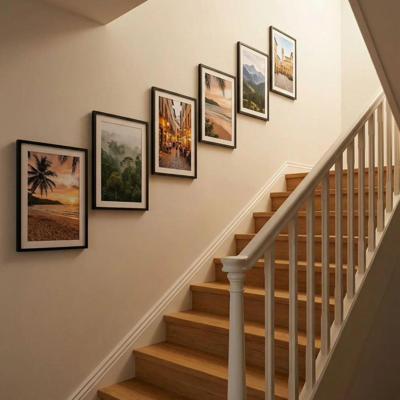 Diagonal travel photo frames on staircase wall