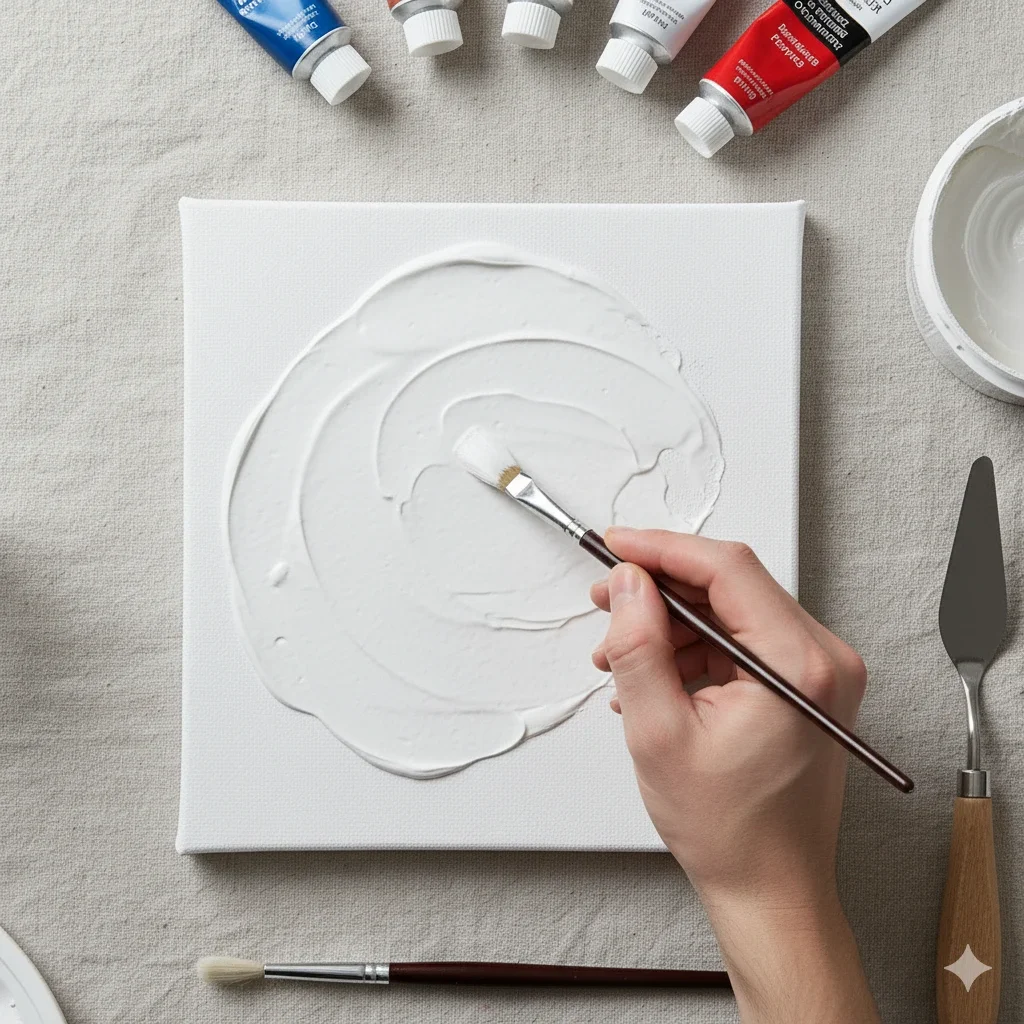 hand brushing white gesso onto square canvas

