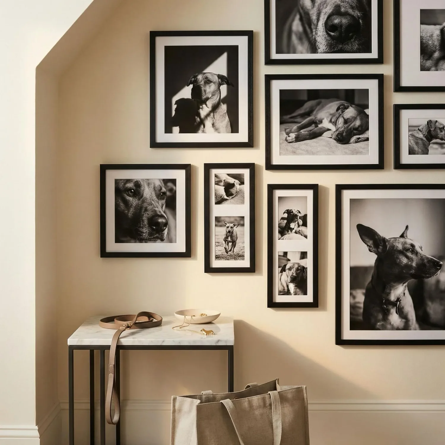 Black and white dog gallery wall with chic leash