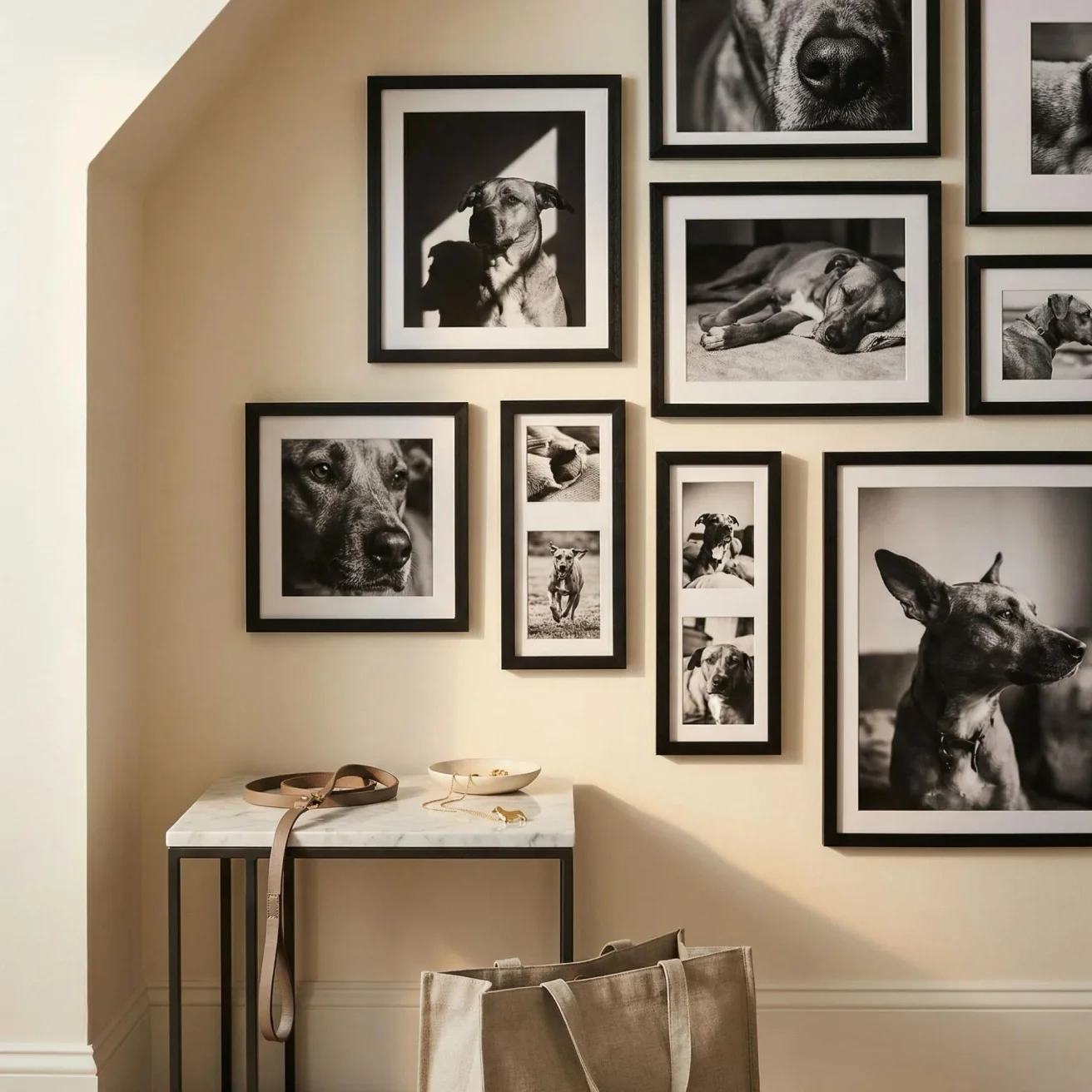 Black and white dog gallery wall with chic leash