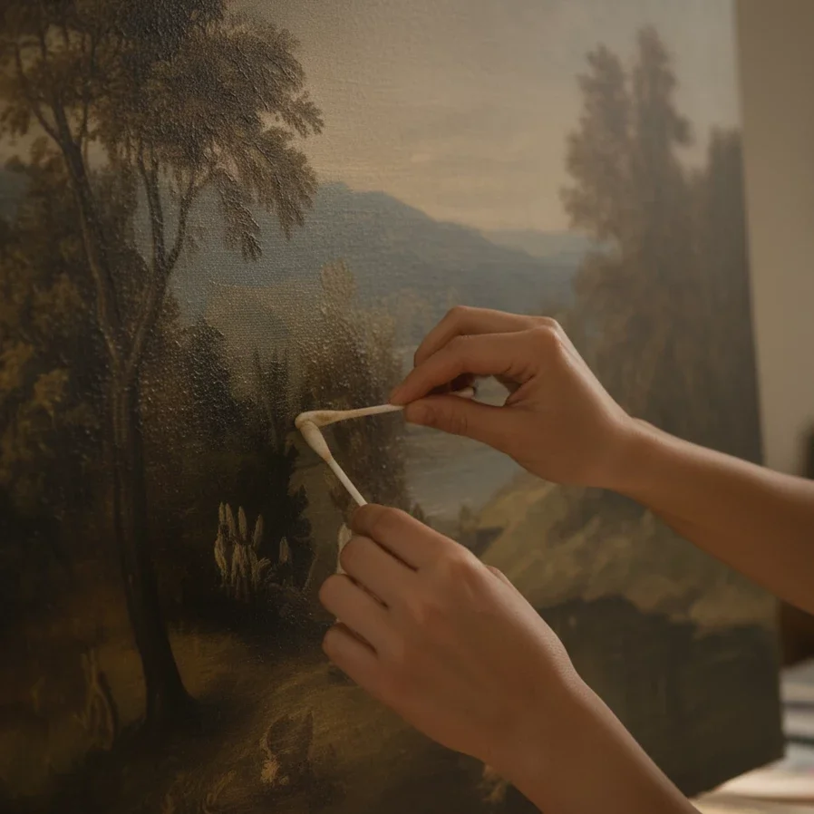 hands cleaning oil canvas with cotton swab