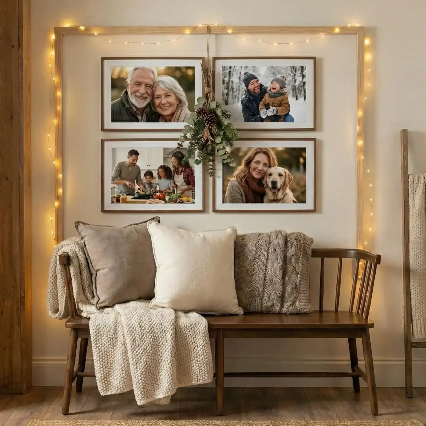 Cozy bench with pillows beneath framed family photo collage