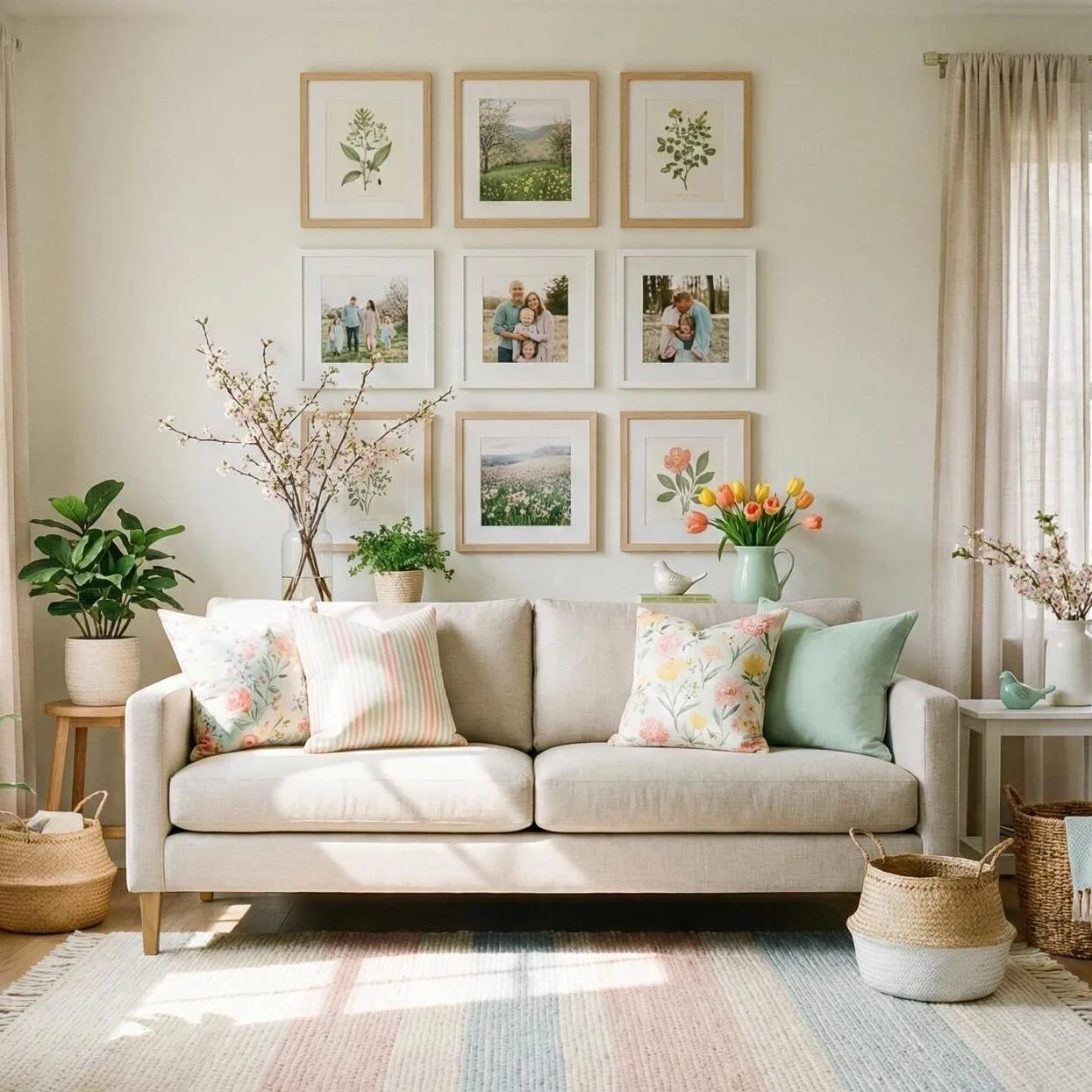Bright spring living room with pastel decor and floral gallery wall