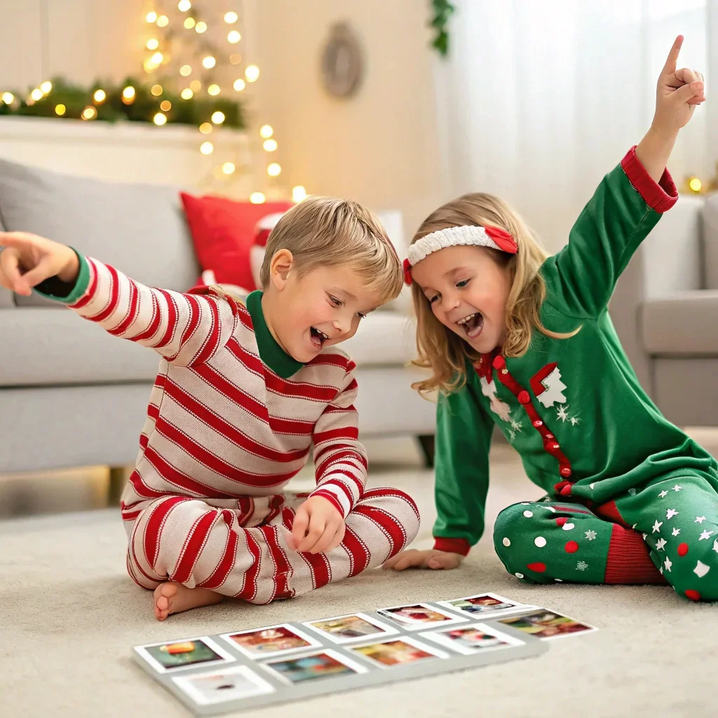 Happy children wearing Christmas pyjamas and looking at small photo tiles.