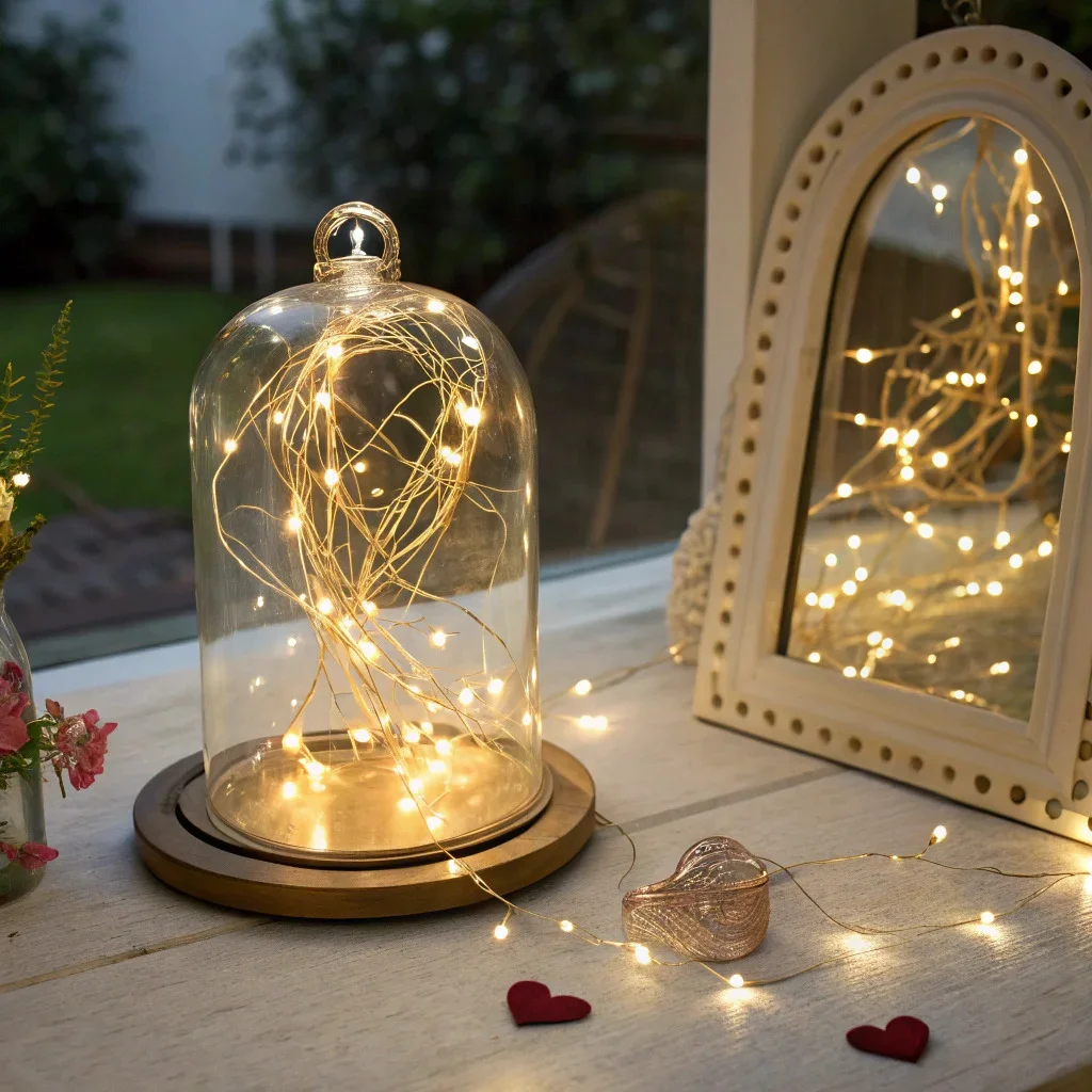 Soft Valentine’s sparkle created by fairy lights woven through a garland and reflected in a mirror or brass accent for double the glow.