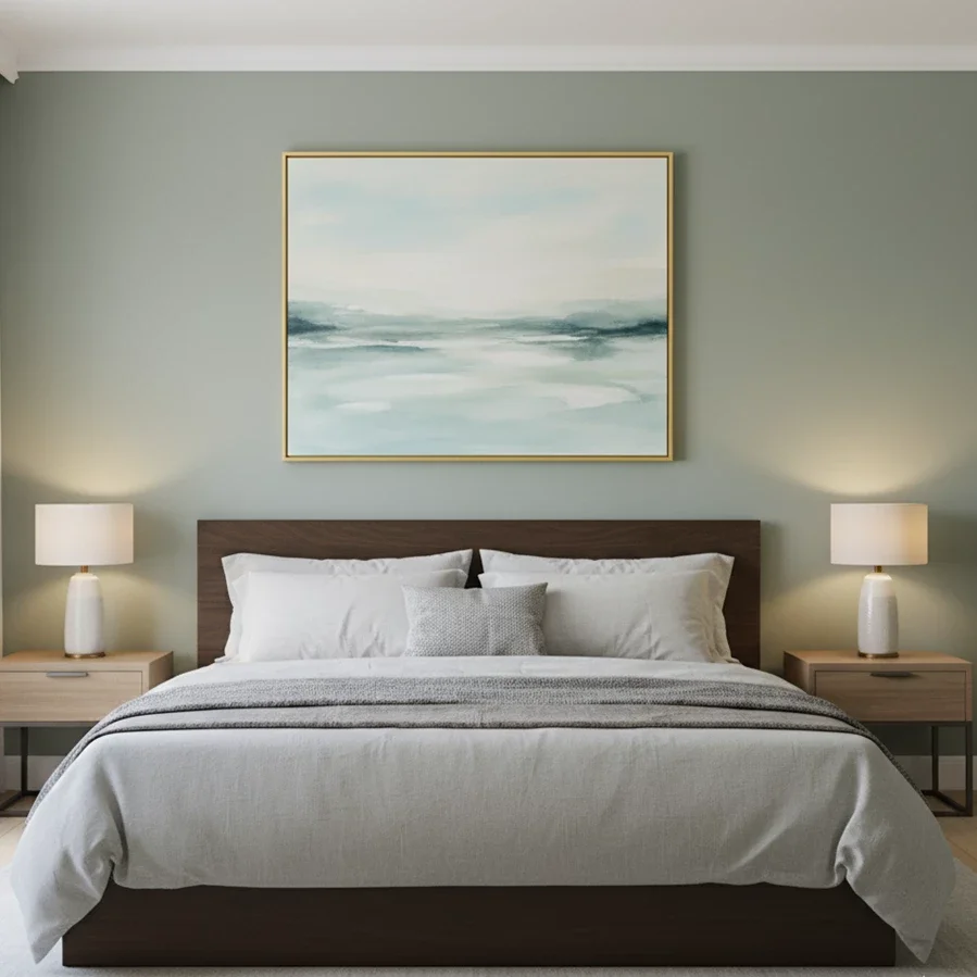 abstract landscape above bed in calm sage bedroom