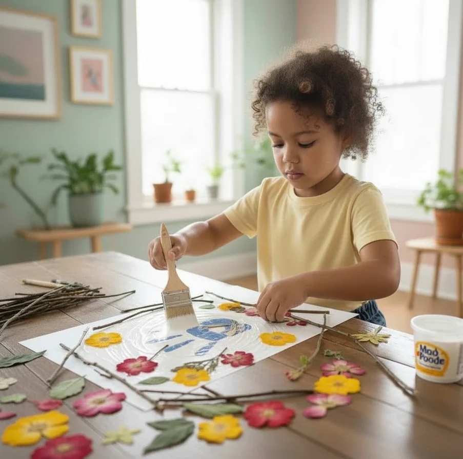 child seals handprint collage with glue and flowers