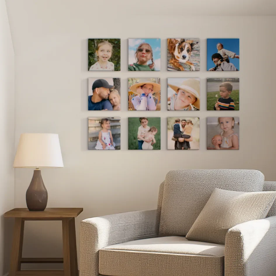 family photo grid in reading corner 