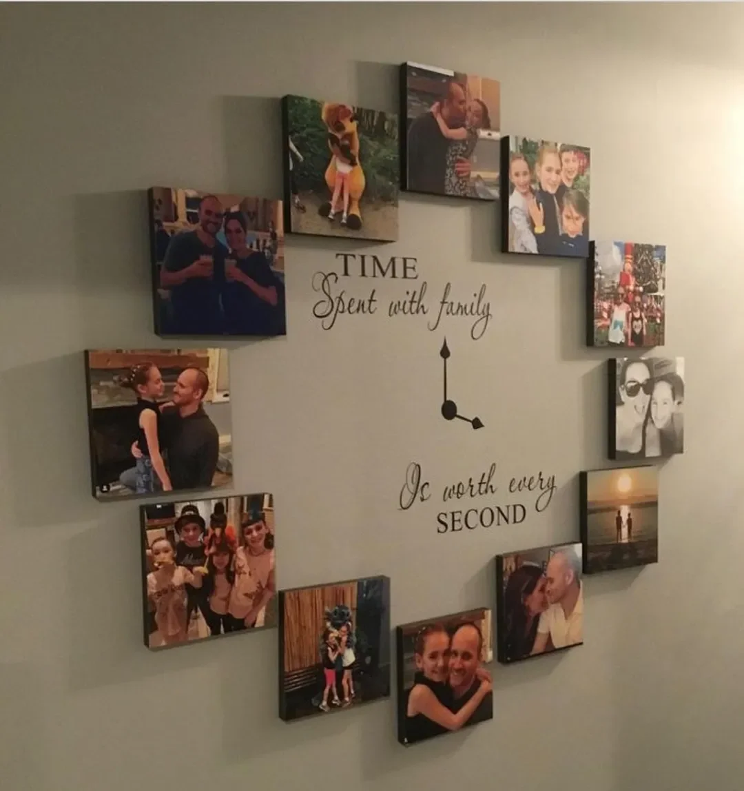 Photo tiles shaped as clock with heartfelt quote