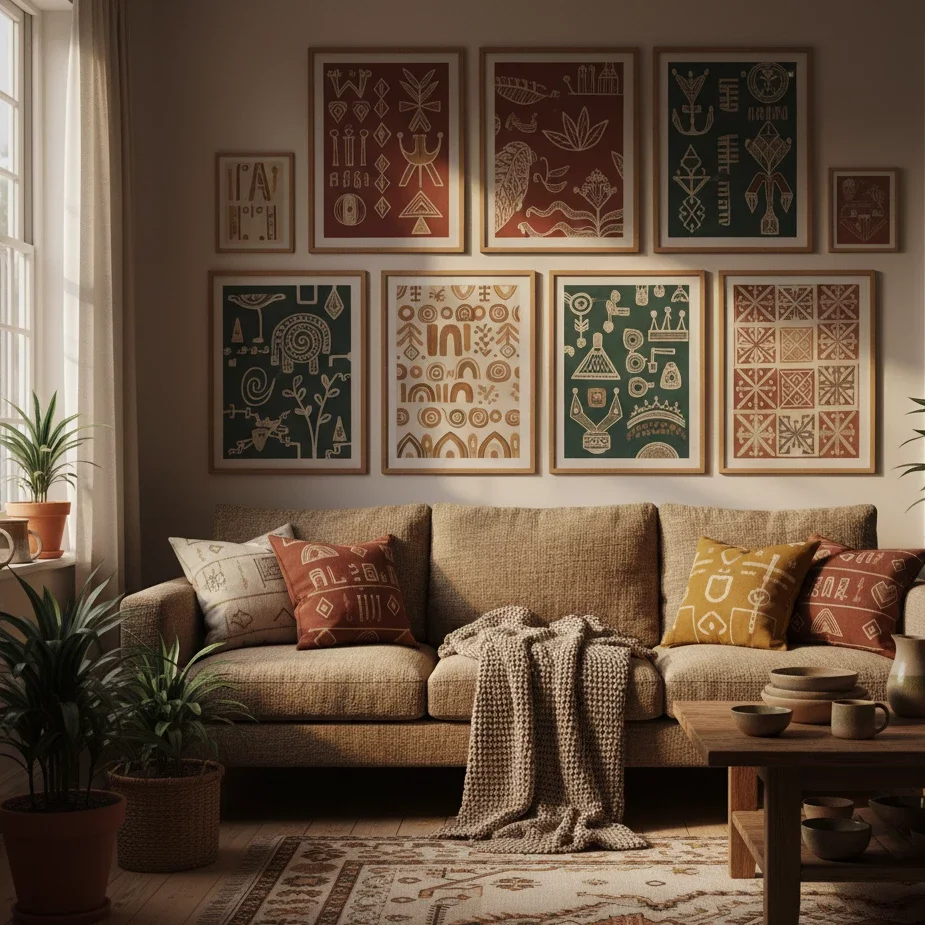Warm living room with tribal-style art above tan sofa