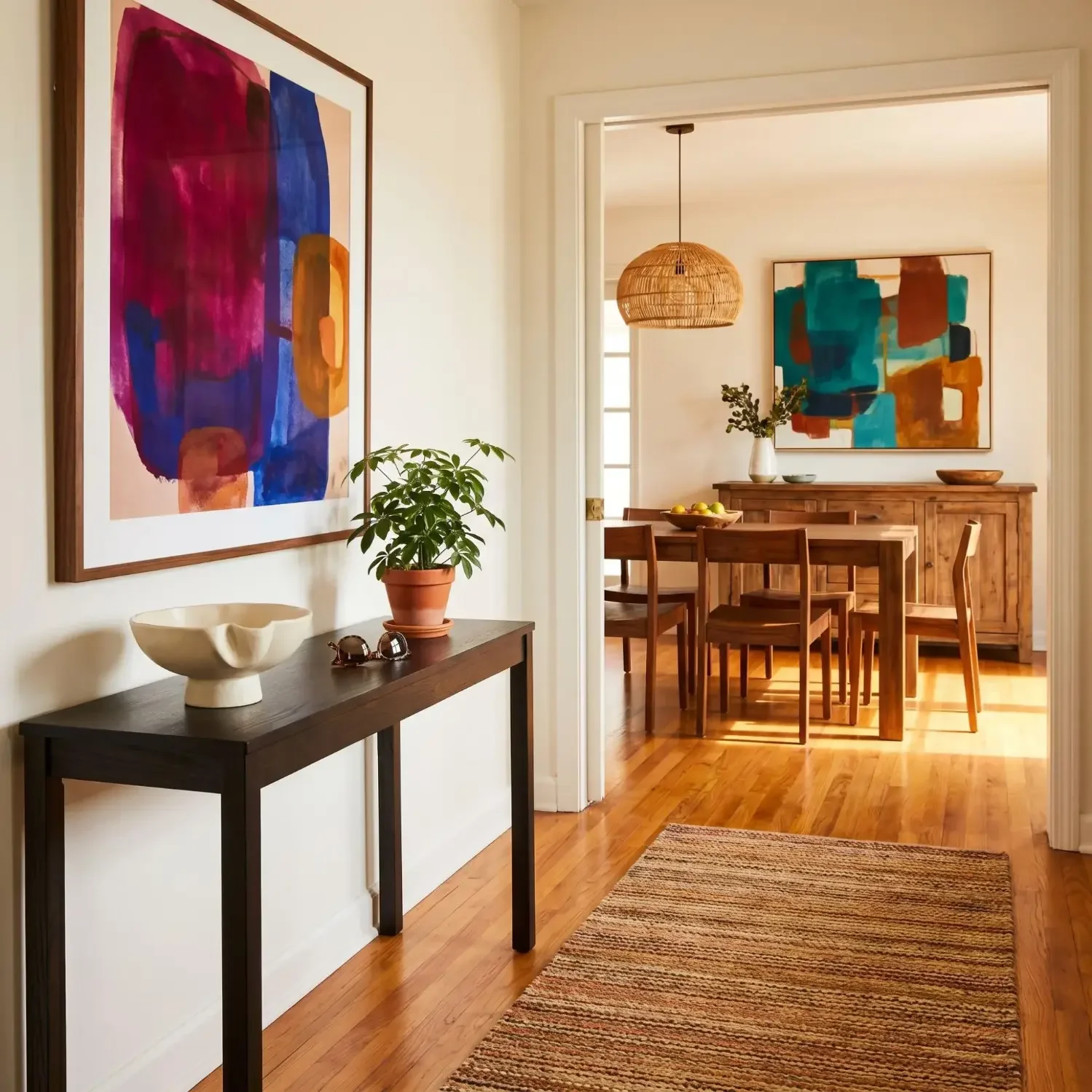 Vibrant abstract art in entryway and dining room