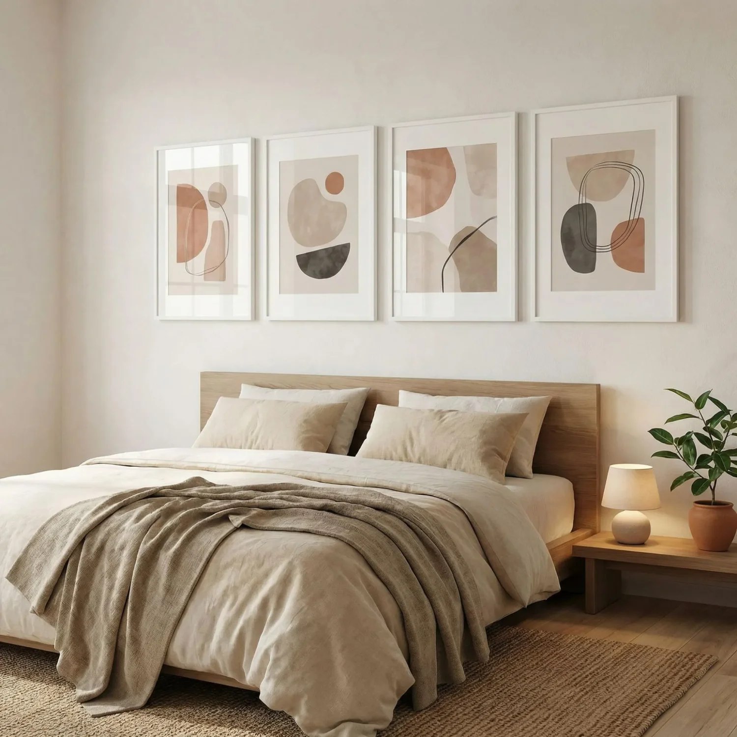 Linear row framed art prints above low modern headboard