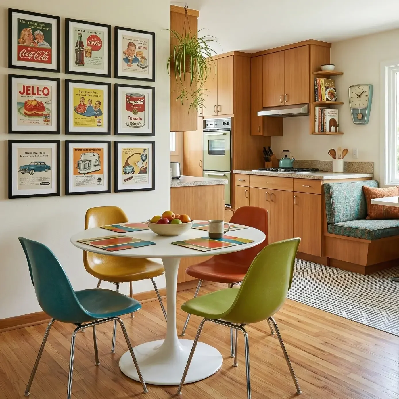 Retro kitchen nook with tulip table, colorful chairs, vintage posters
