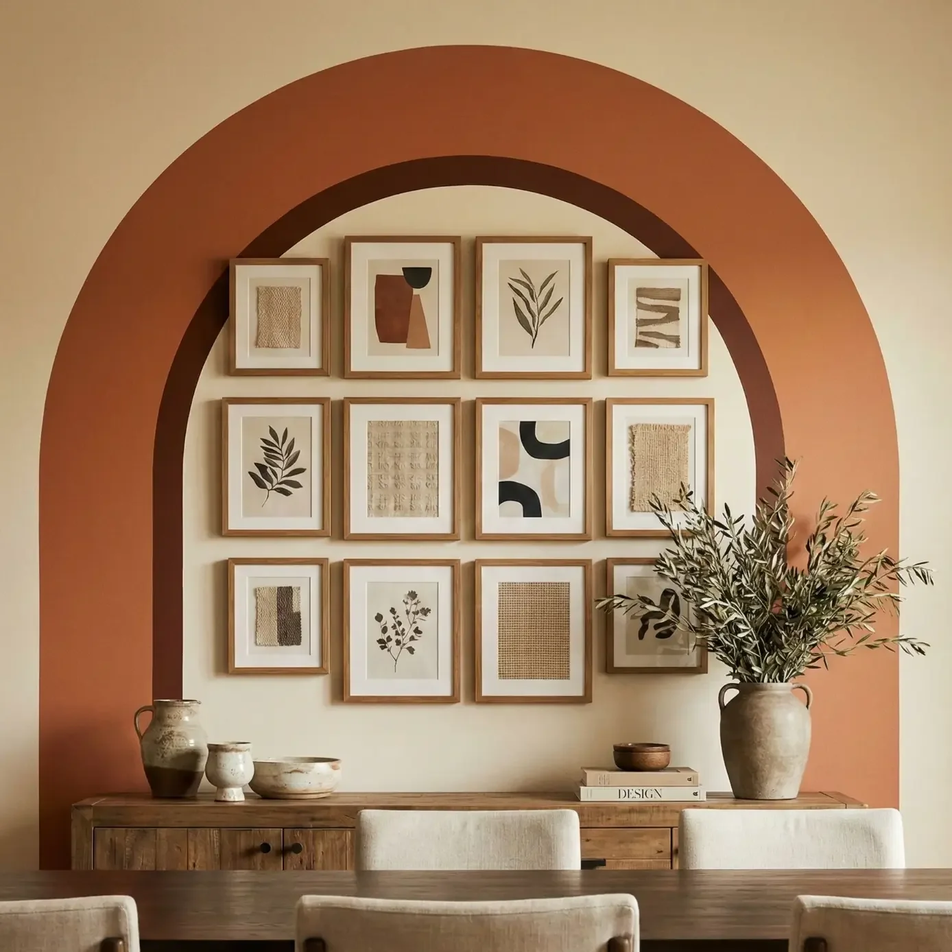 Terracota arch accent wall with framed art grid above console.