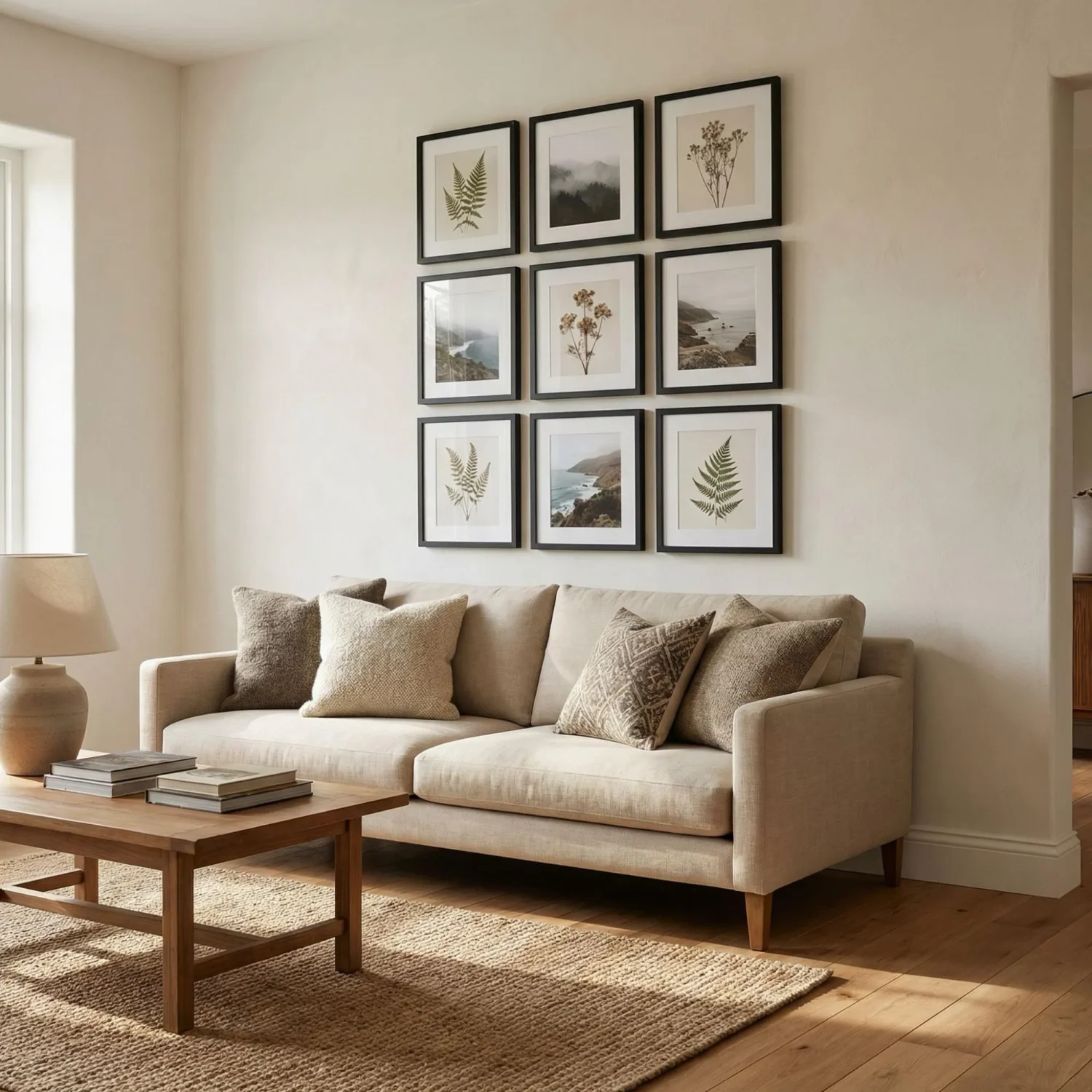 Living room 3x3 grid gallery wall with framed photos