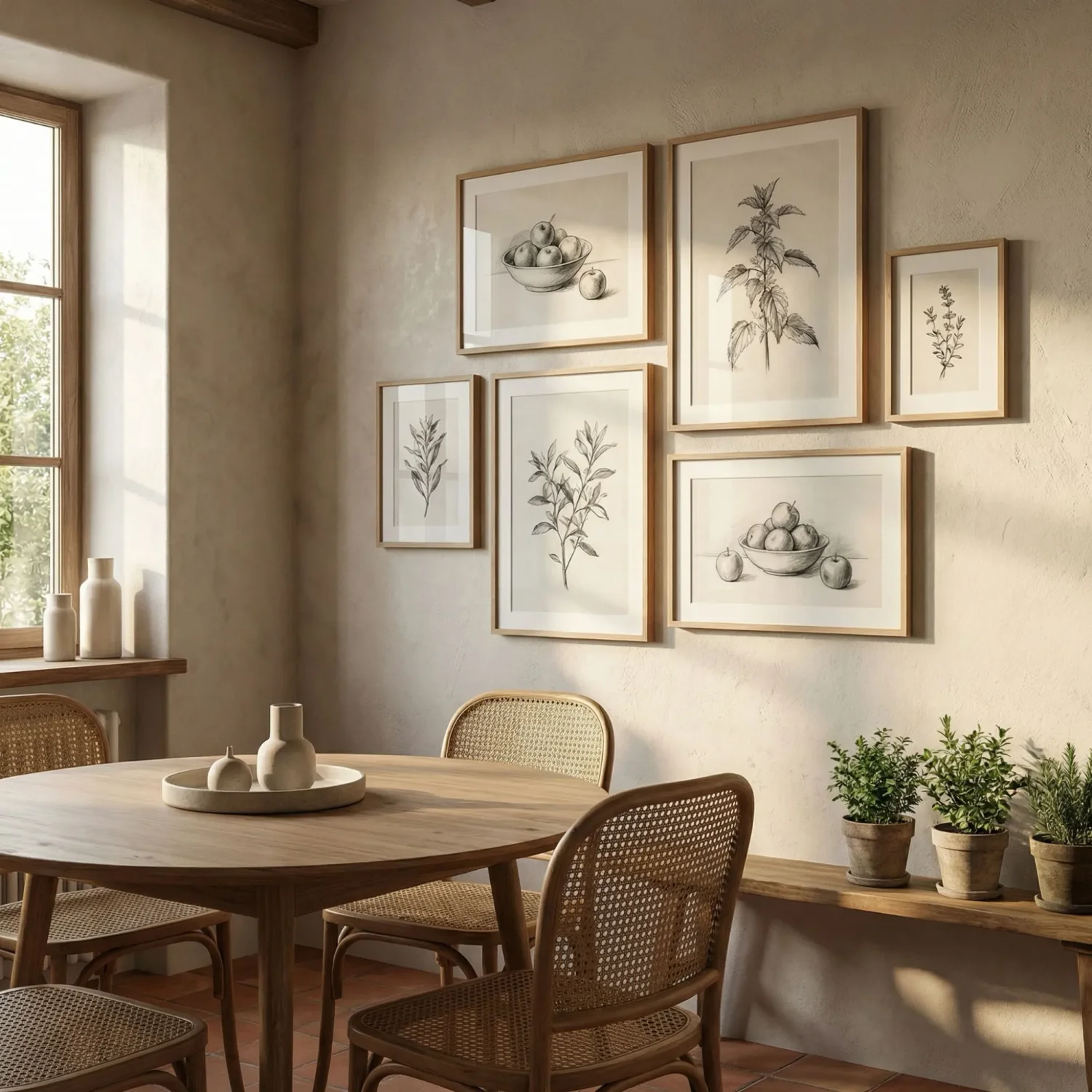 Botanical charcoal sketches in warm dining area