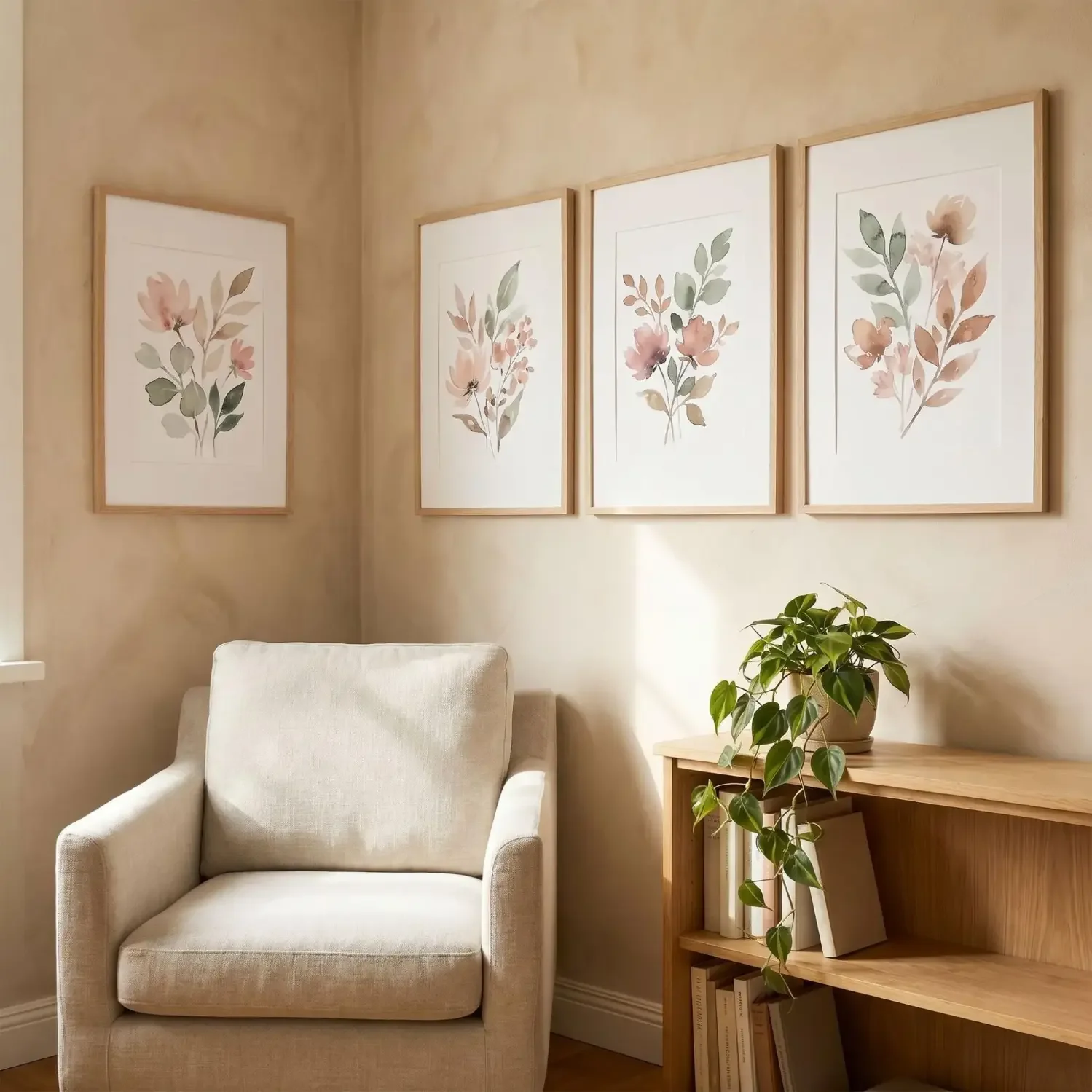 Modern watercolor botanical art in Scandi nook