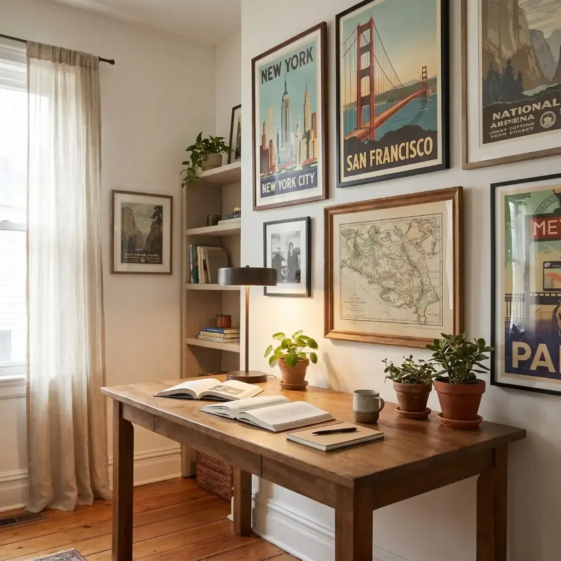 Home office wall with vintage travel framed art