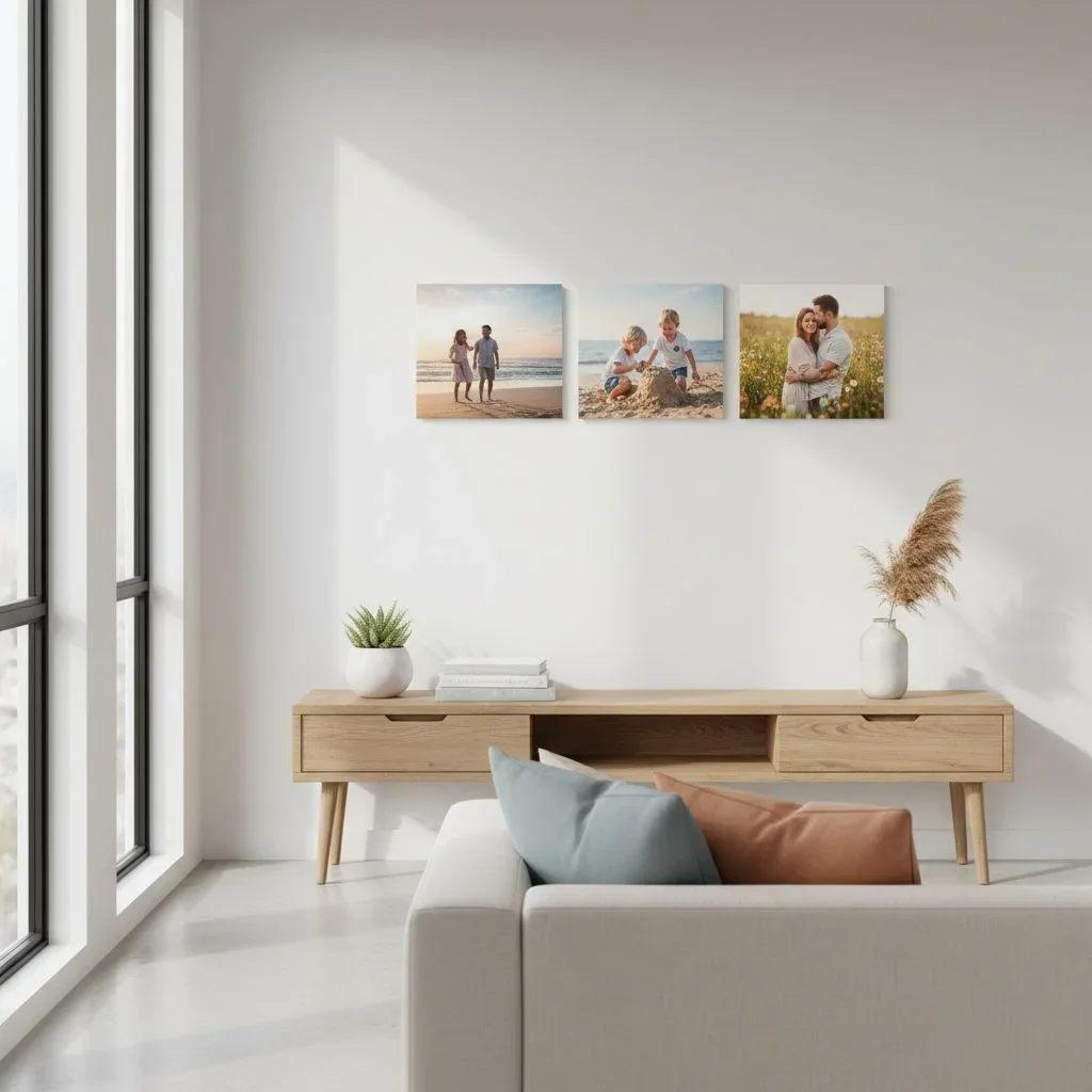 Photo tiles displayed in a modern living room
