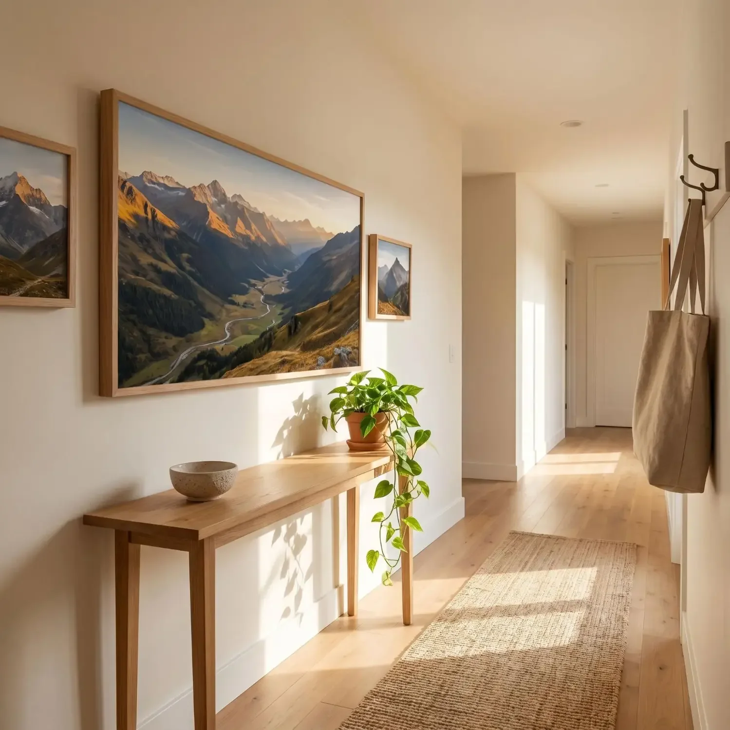 Mountain landscape framed art in home entryway