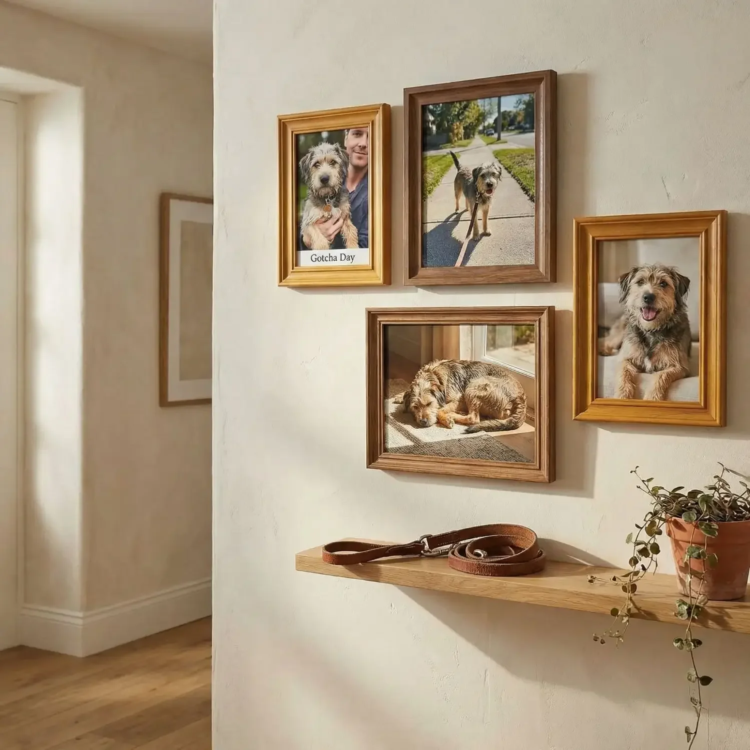 Rescue dog journey gallery wall with framed photos