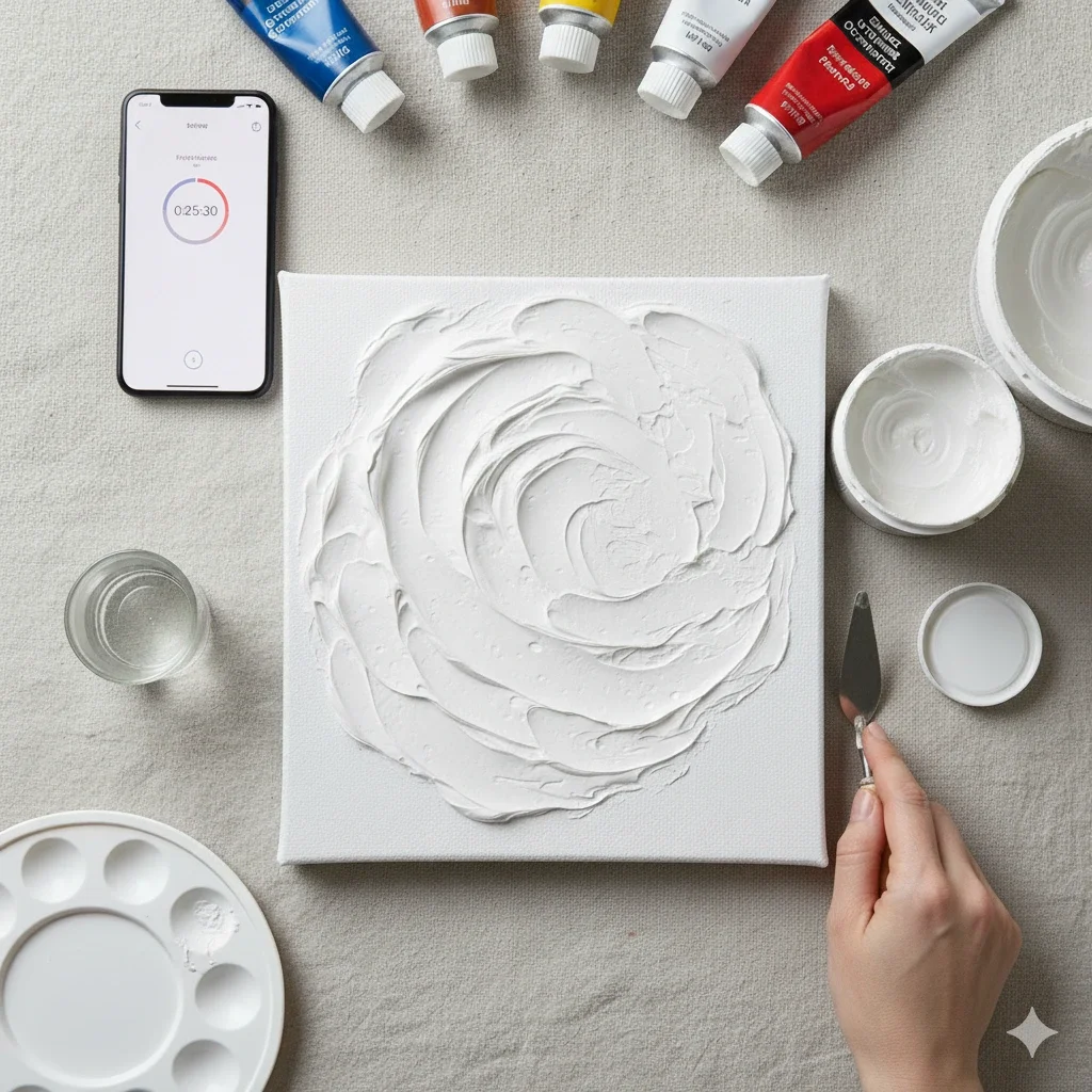 phone timer and paints around textured canvas