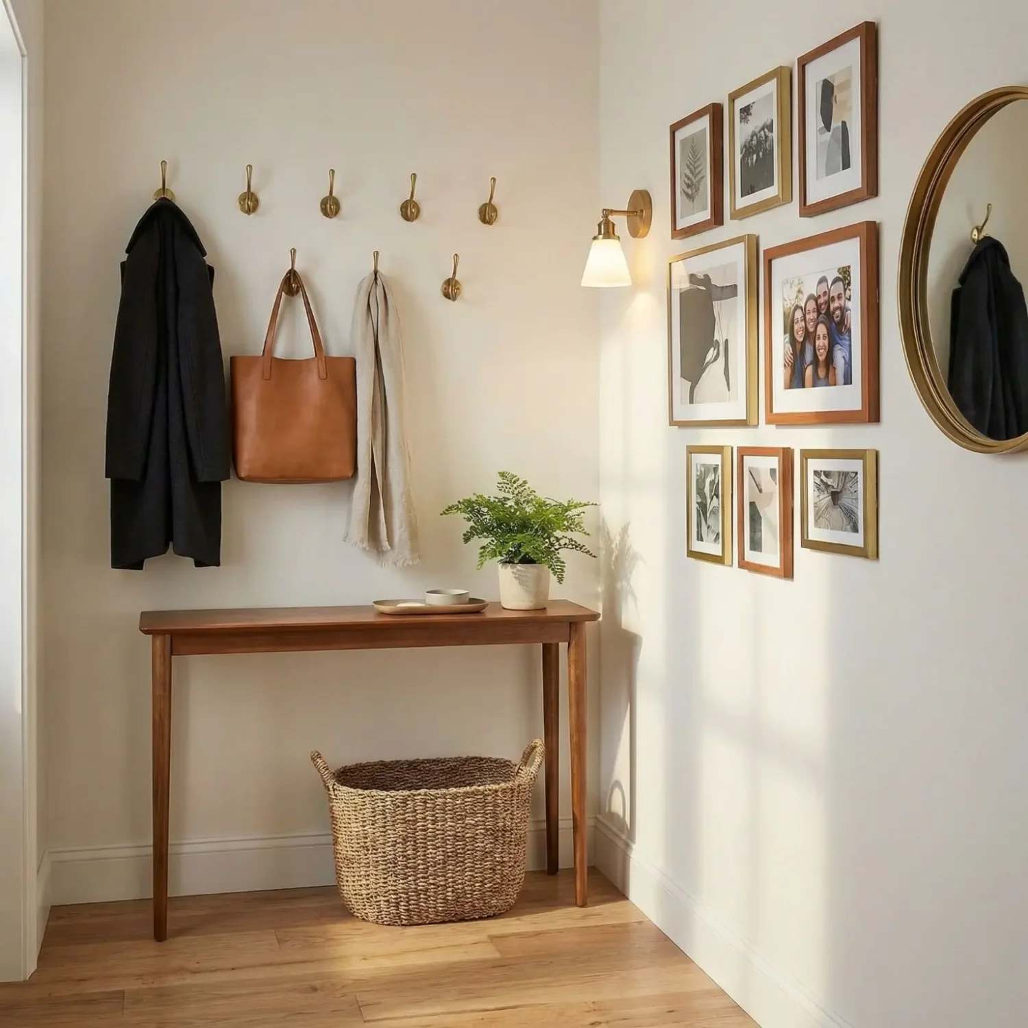 Entryway hooks console and framed photo gallery