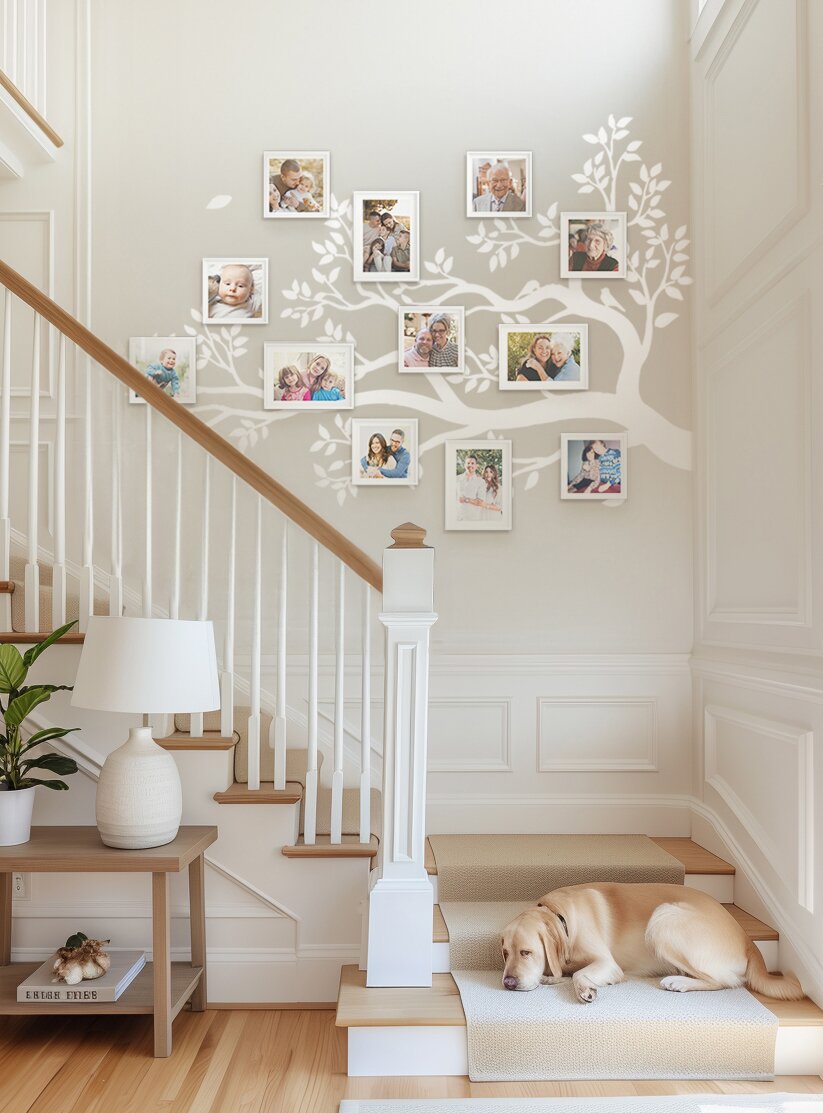 Stunning Family Tree Wall displayed along the staircase, with a dog sitting at the bottom.