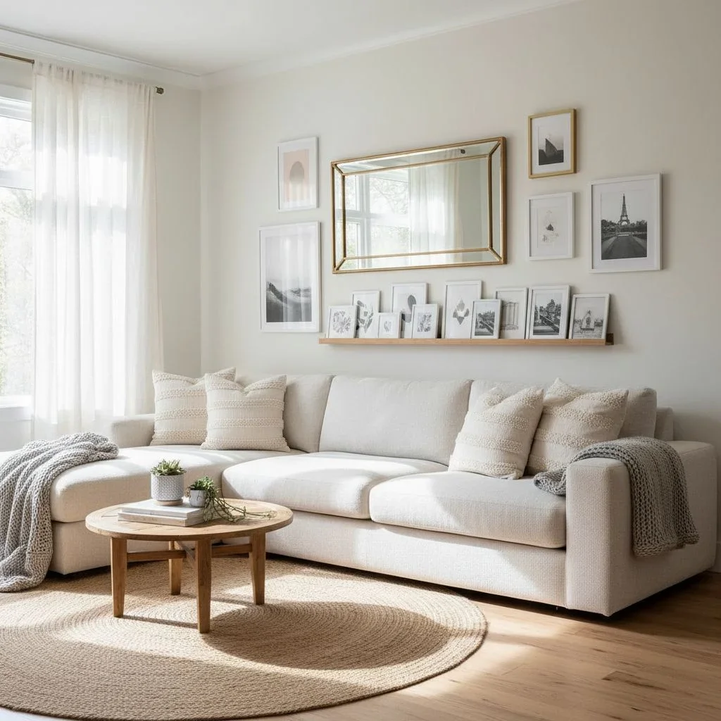 Gallery wall and mirror in modern living room