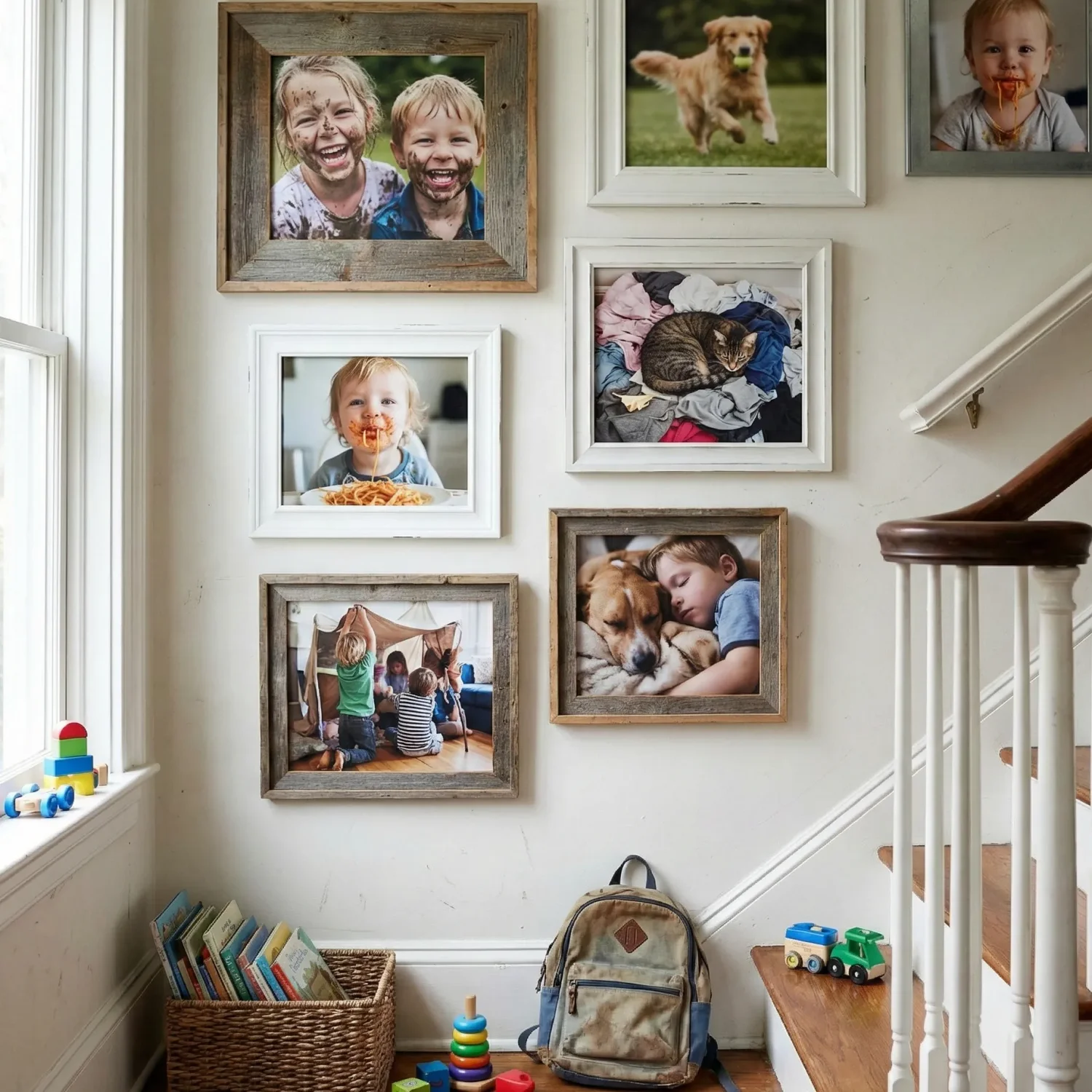 Family photo gallery wall on staircase with kids and pets